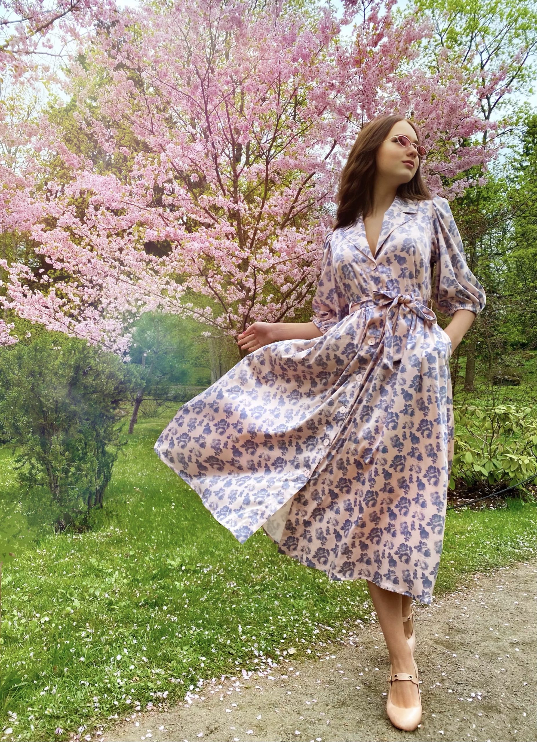 Grey flowers dusty pink silk dress