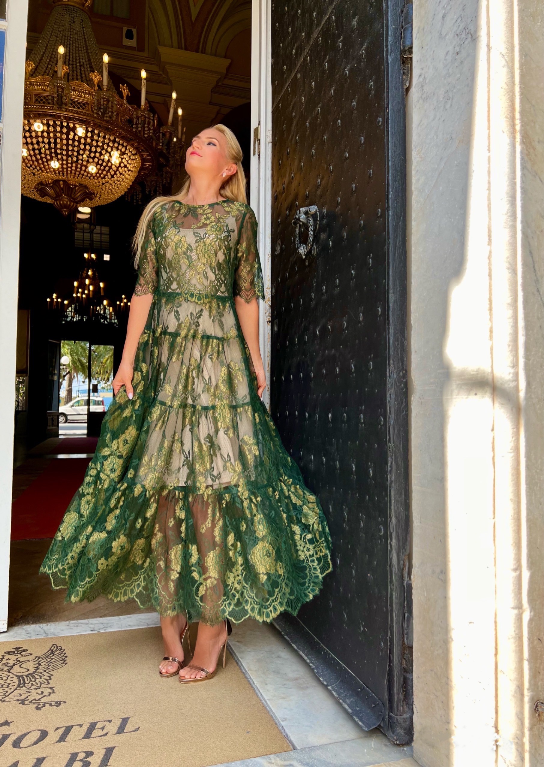 Emerald golden green lace dress