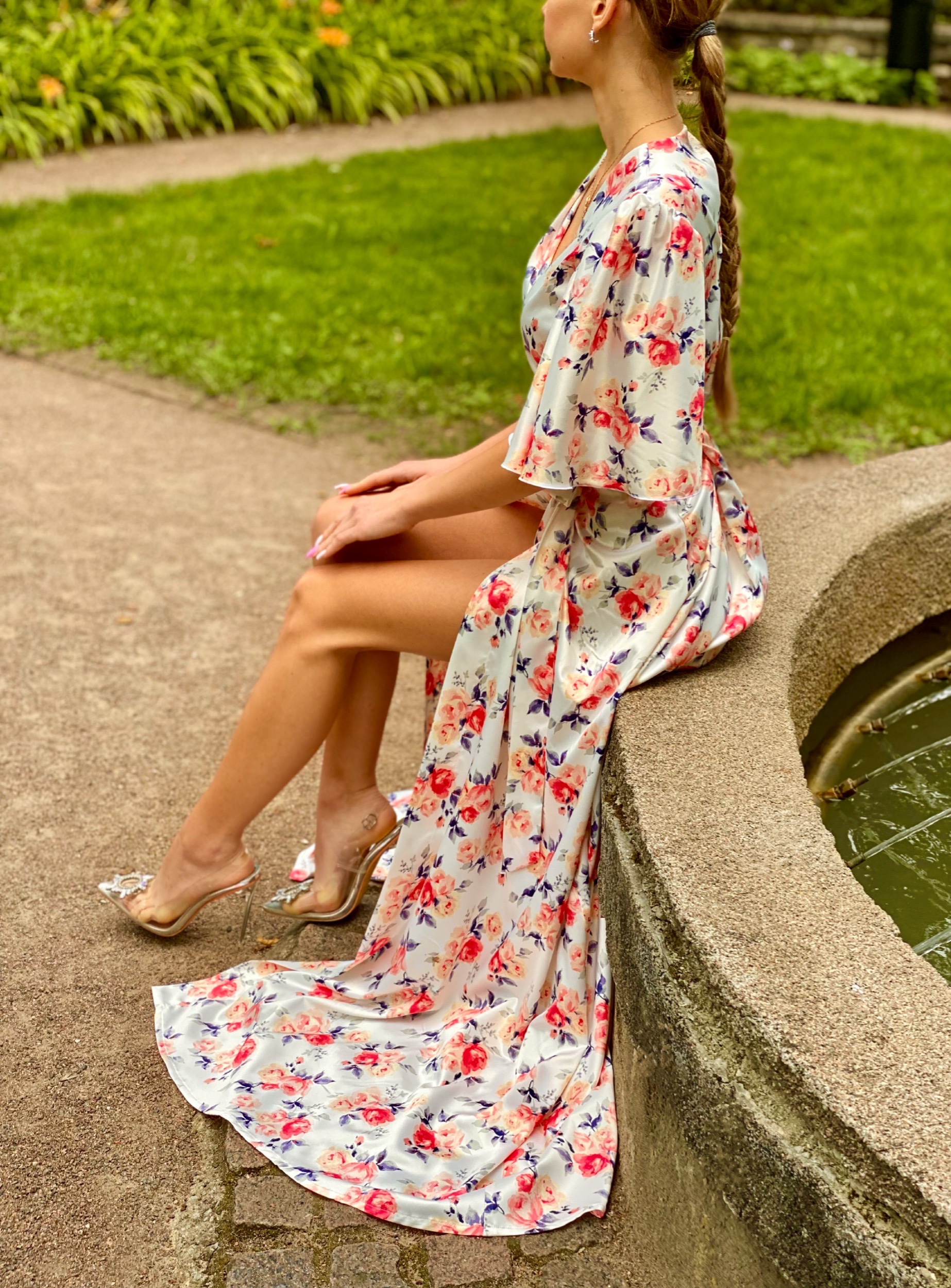 Coral Roses Silk satin long dress