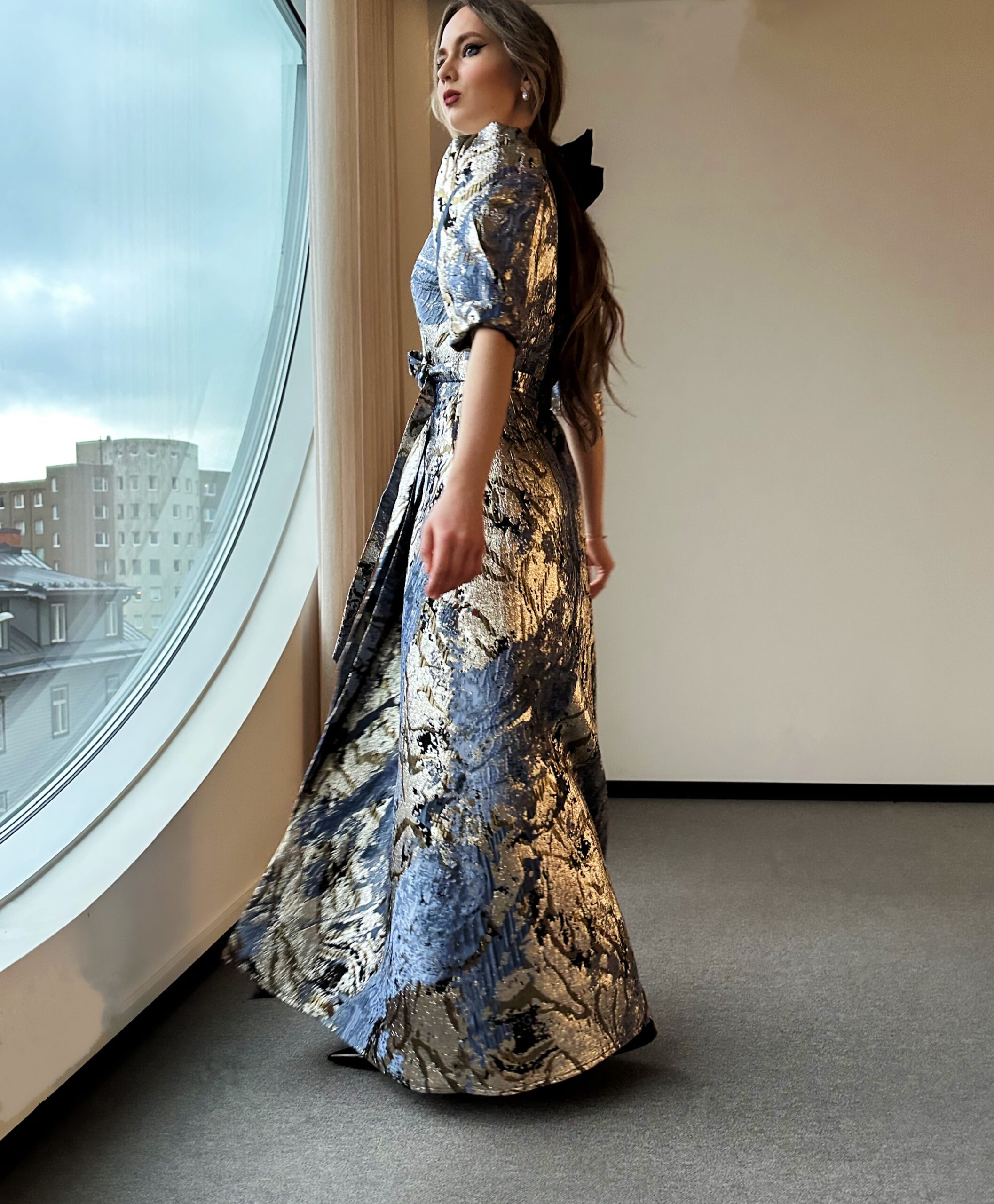 Blue gold marble long dress