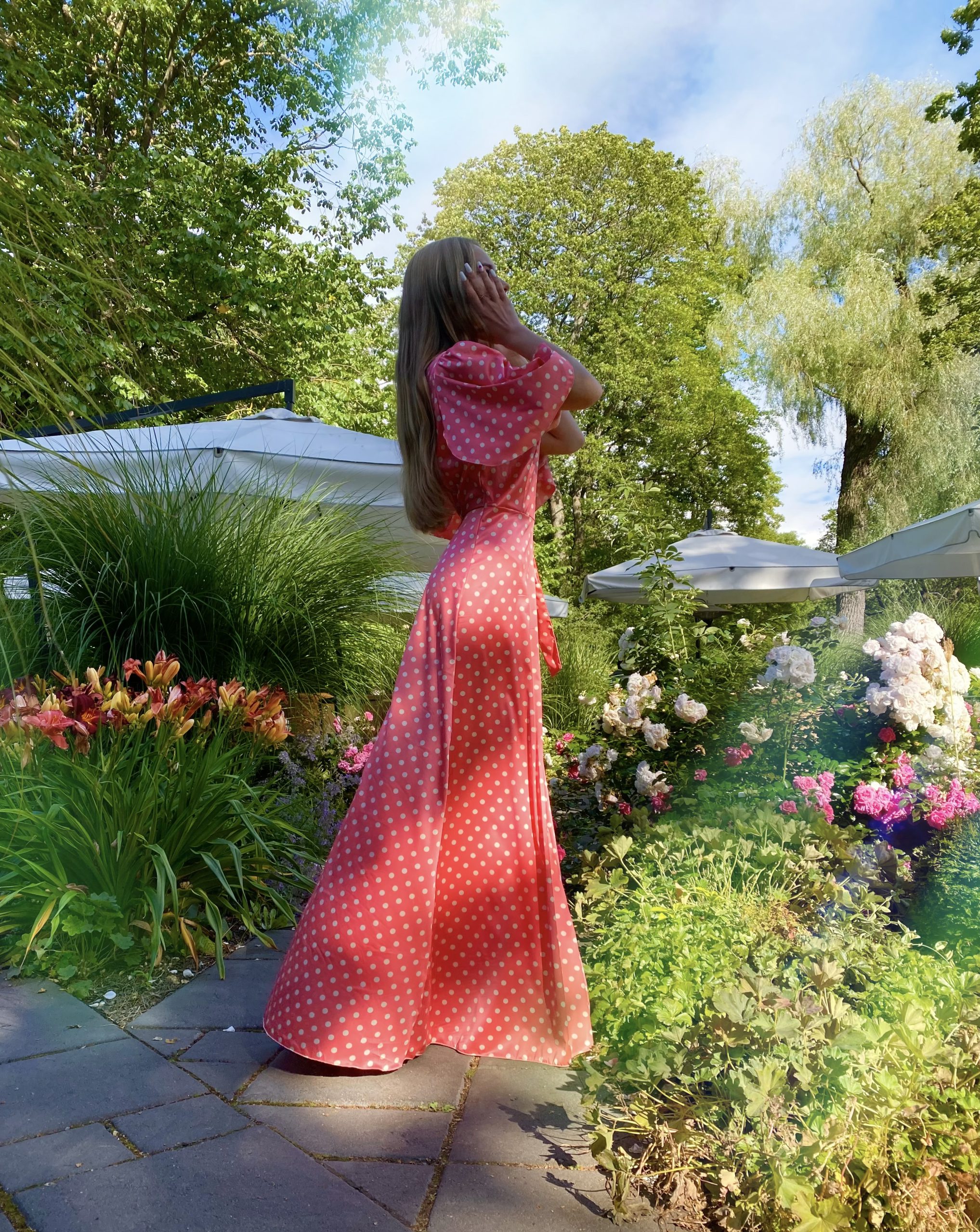 Silk satin coral color with beige polka dot dress