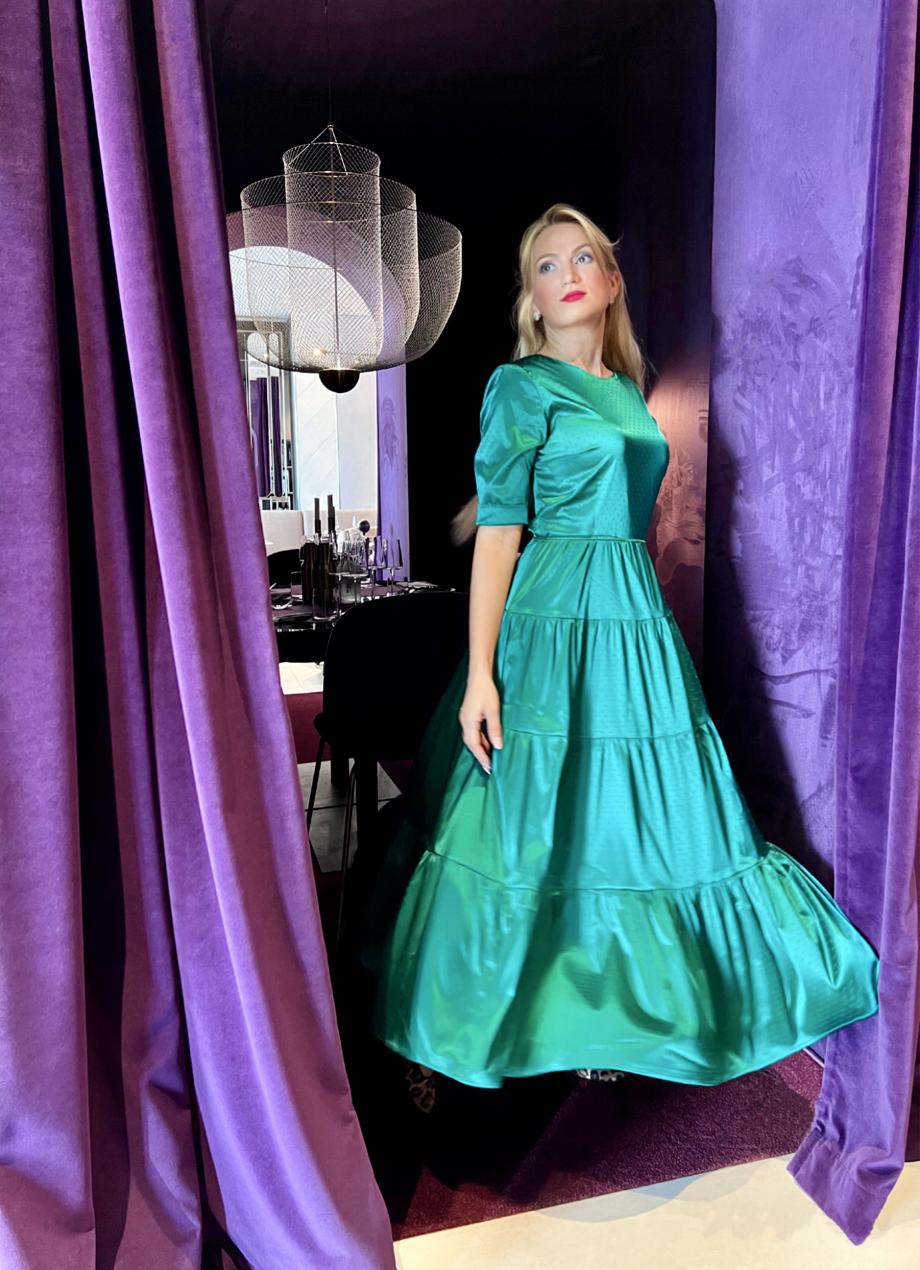 Amazing Emerald green silk dress with ruffles