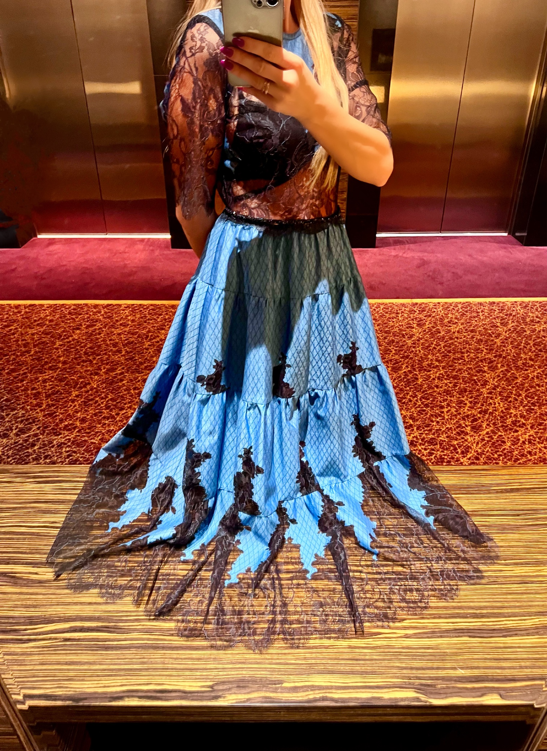 Blue and black color exclusive lace dress with sparkle belt