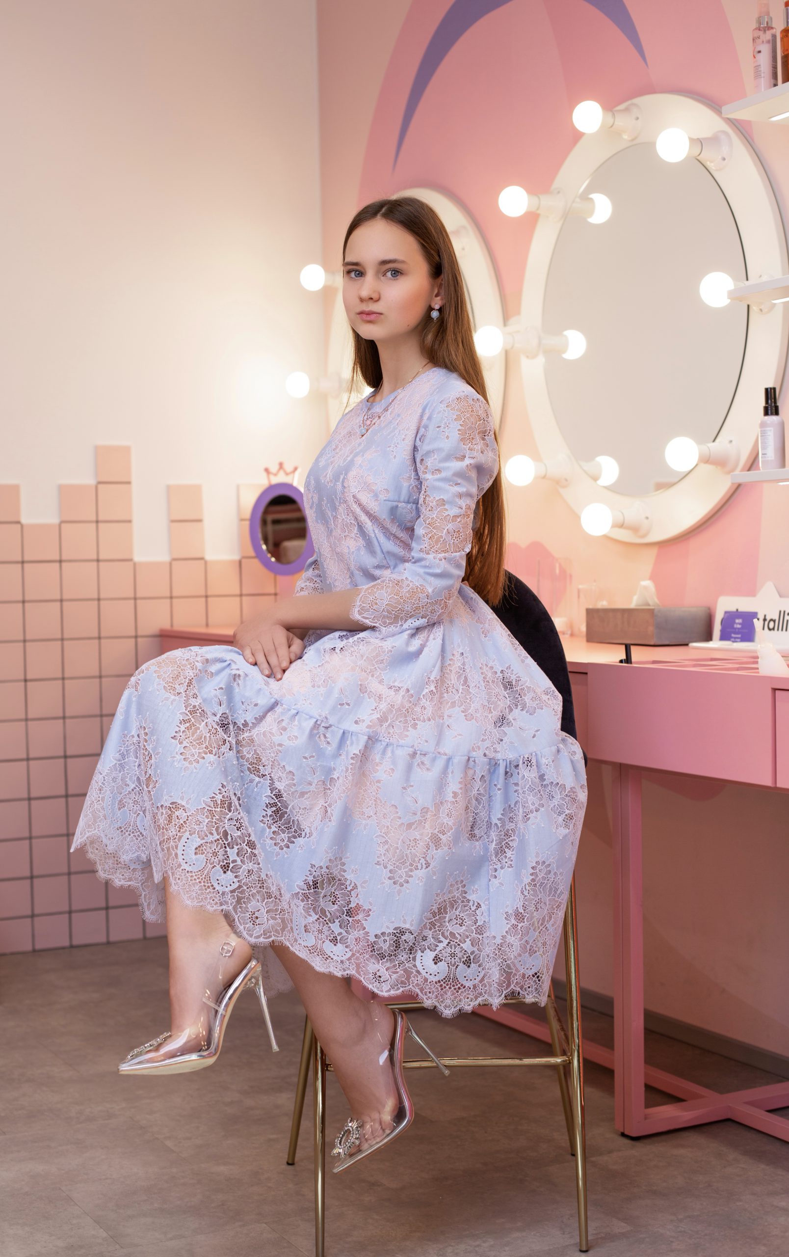 Sky blue lace dress with belt