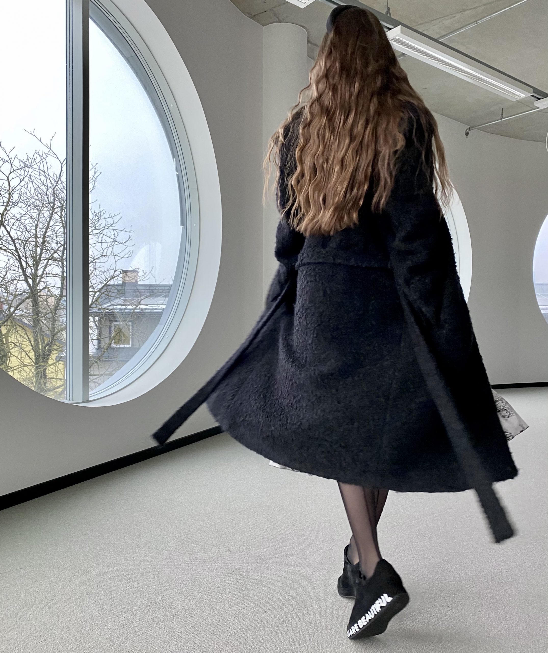 Fluffy black wool coat with silver buttons