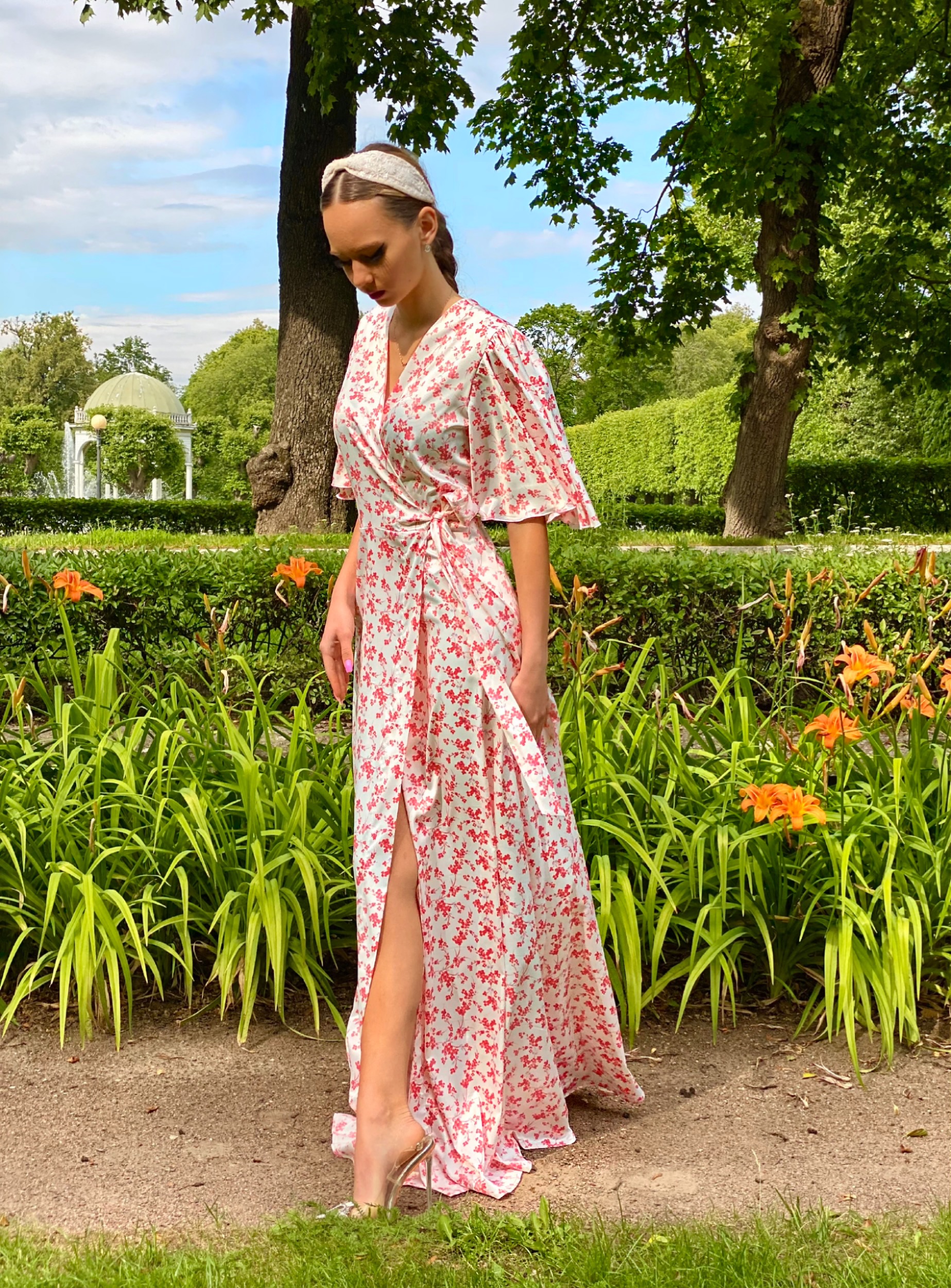 Delicate silk apricot flowers dress