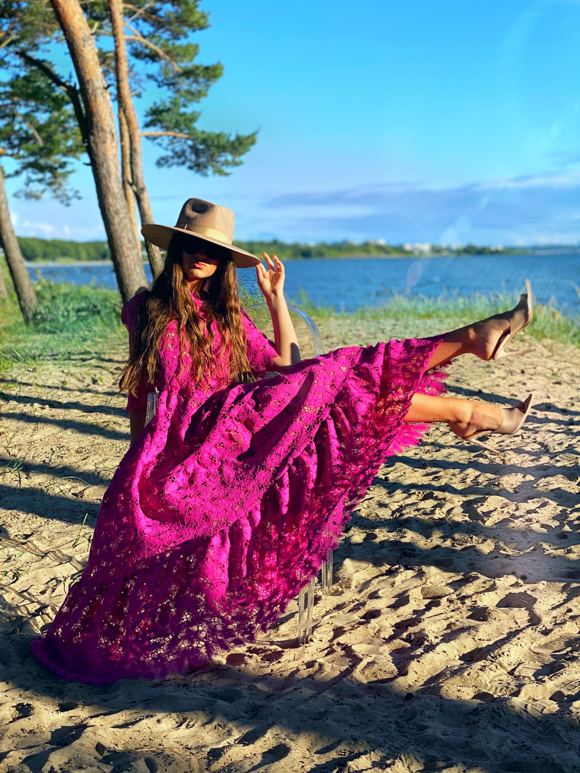 Fuchsia lace dress with belt and underdress