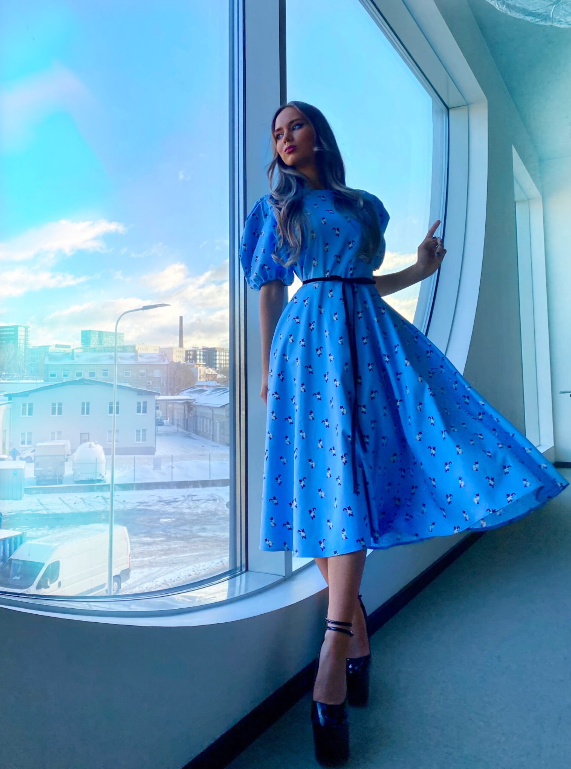 Sky blue color with kittens dress