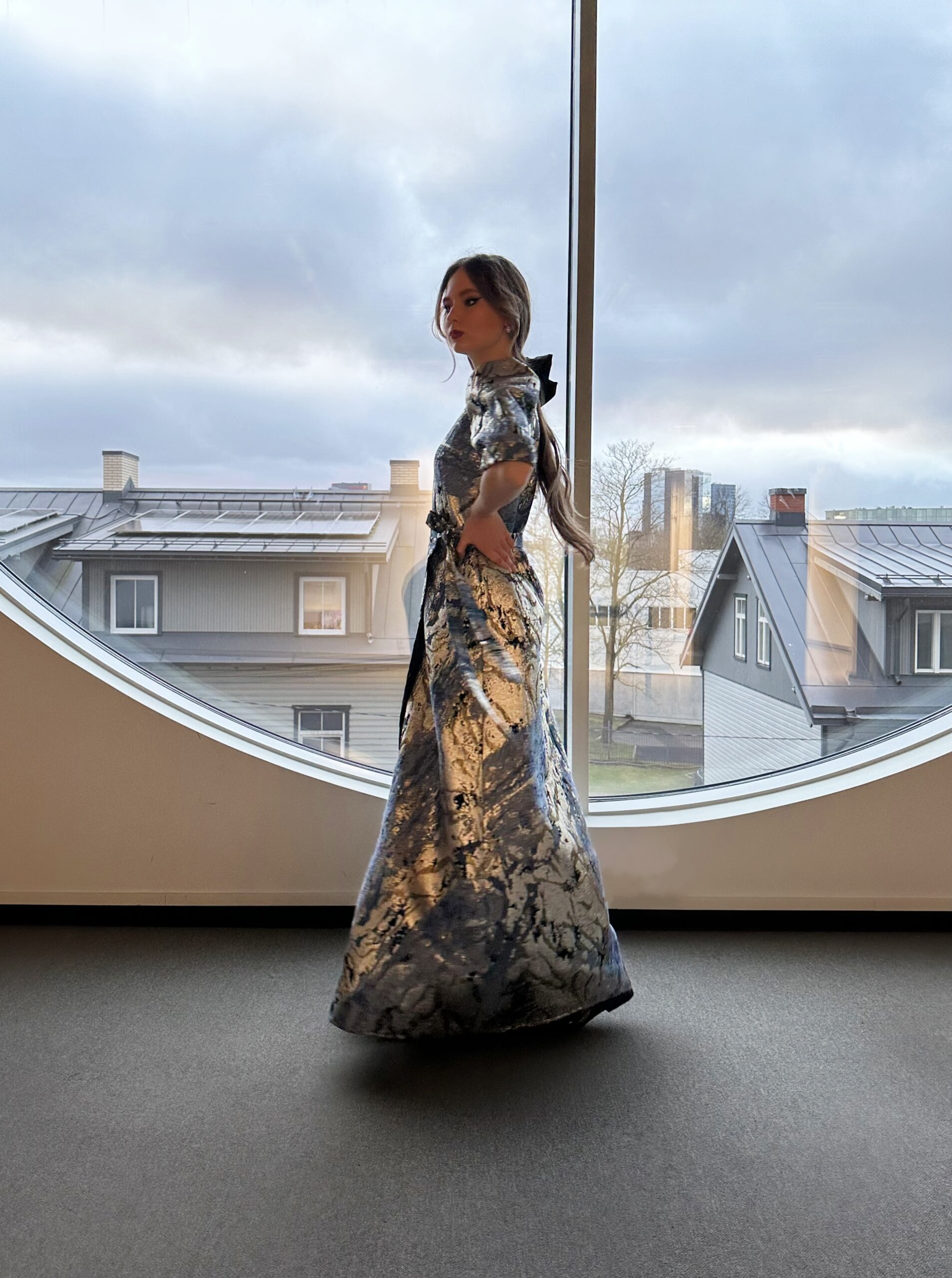 Blue gold marble long dress