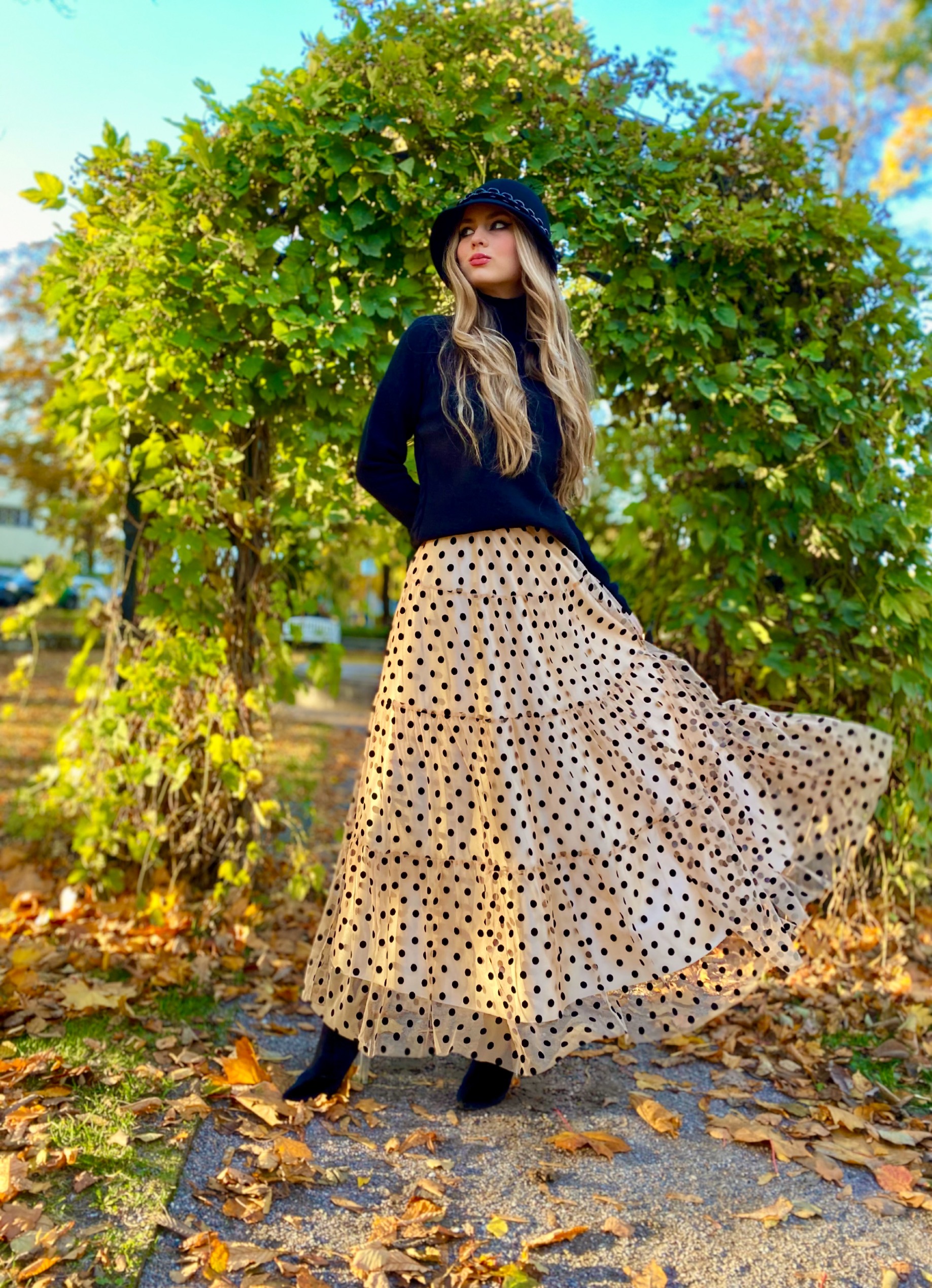 Nude black polka dot dress with belt