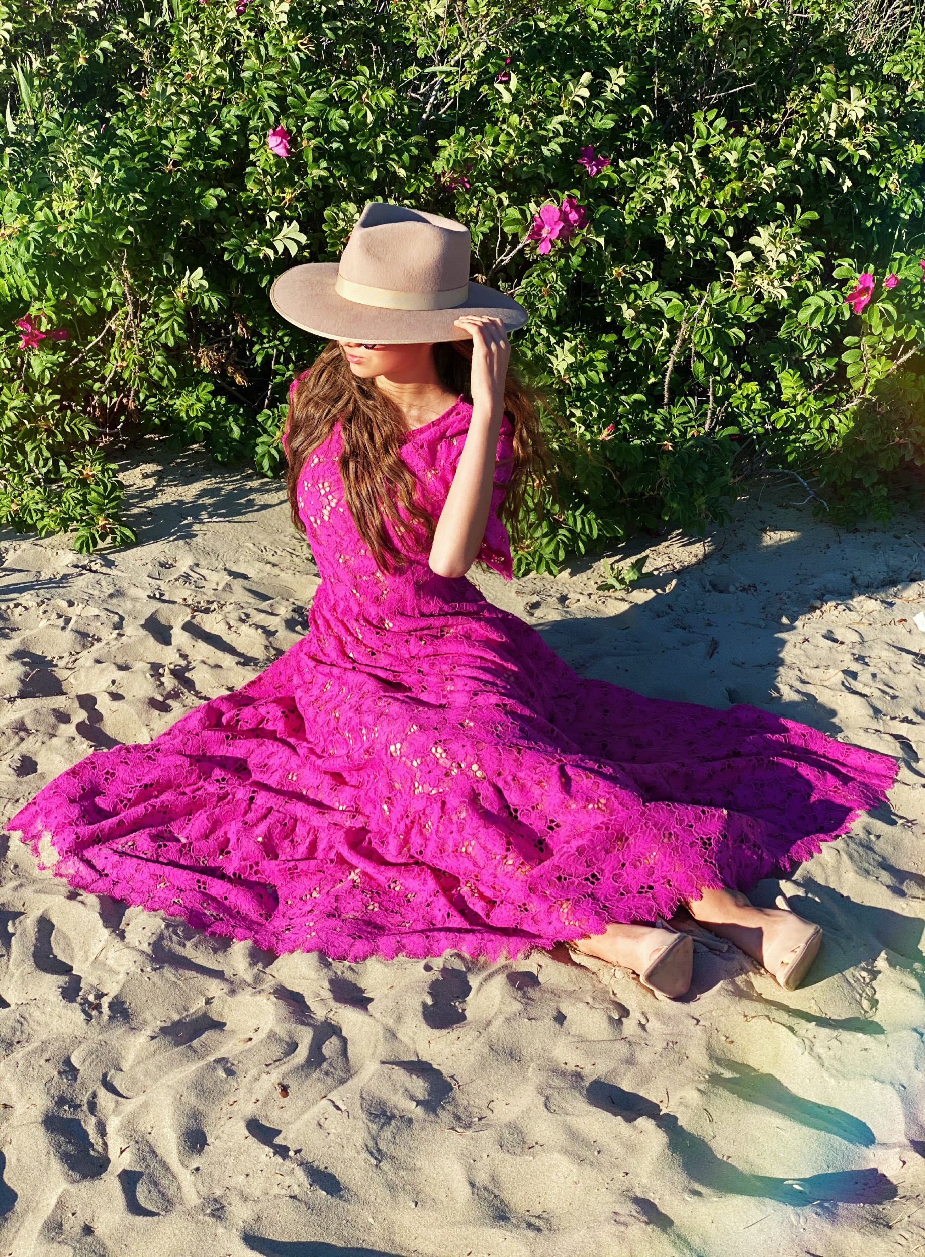 Fuchsia lace dress with belt and underdress