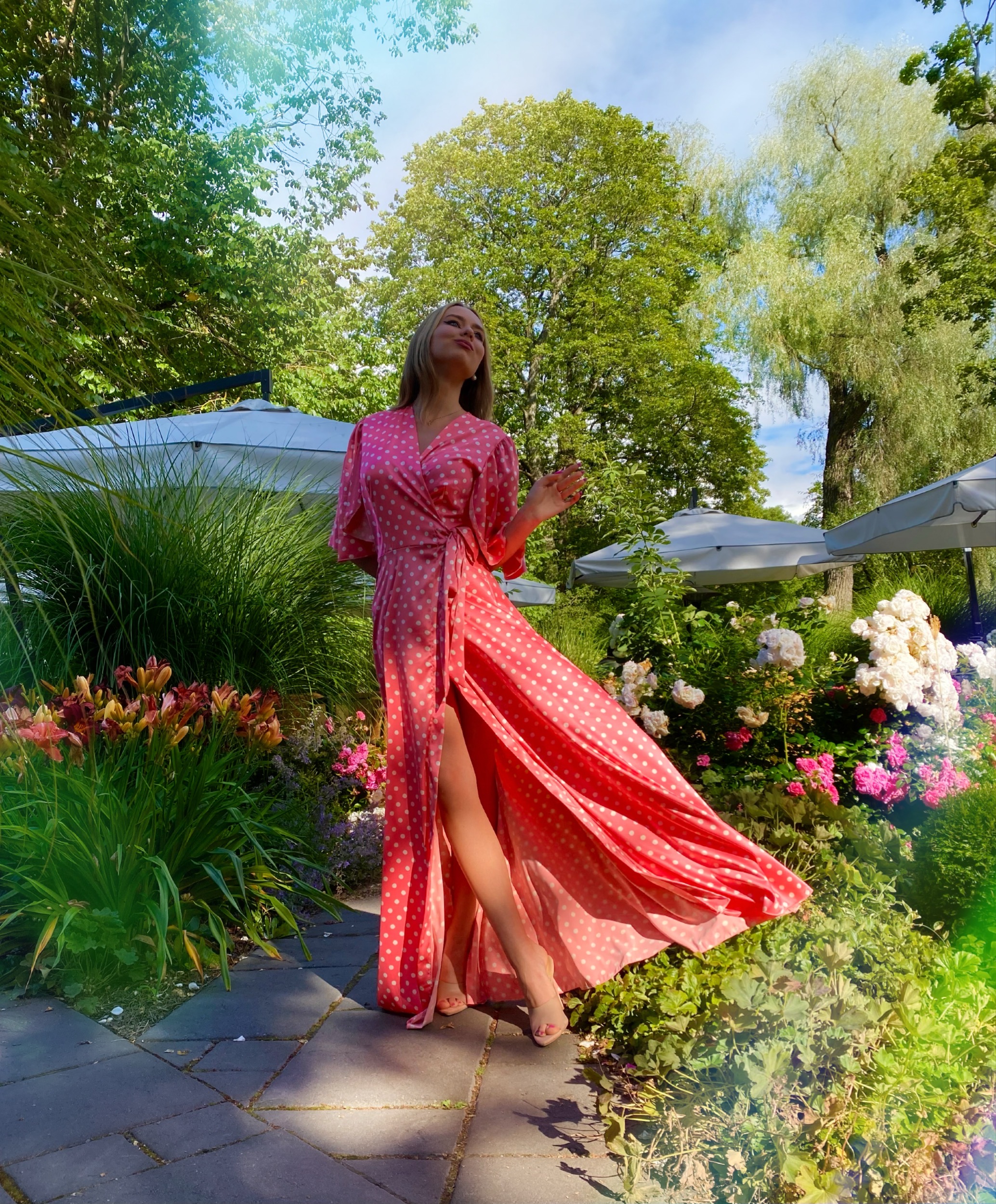 Silk satin coral color with beige polka dot dress