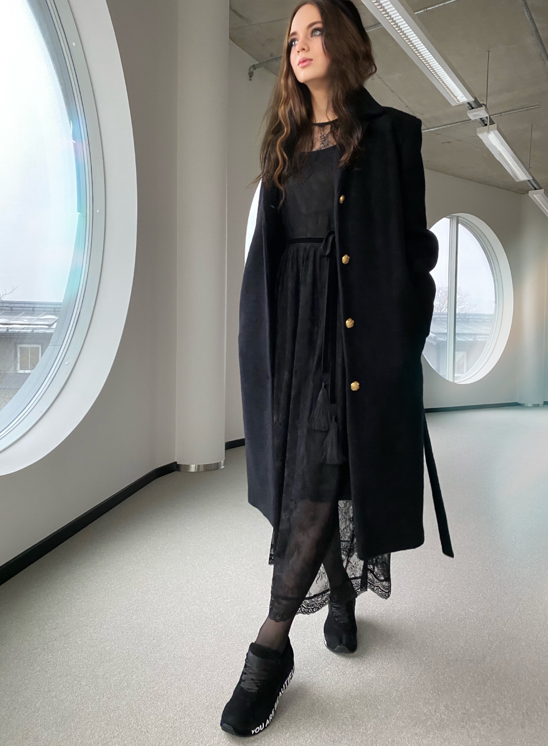 Black wool coat with golden buttons