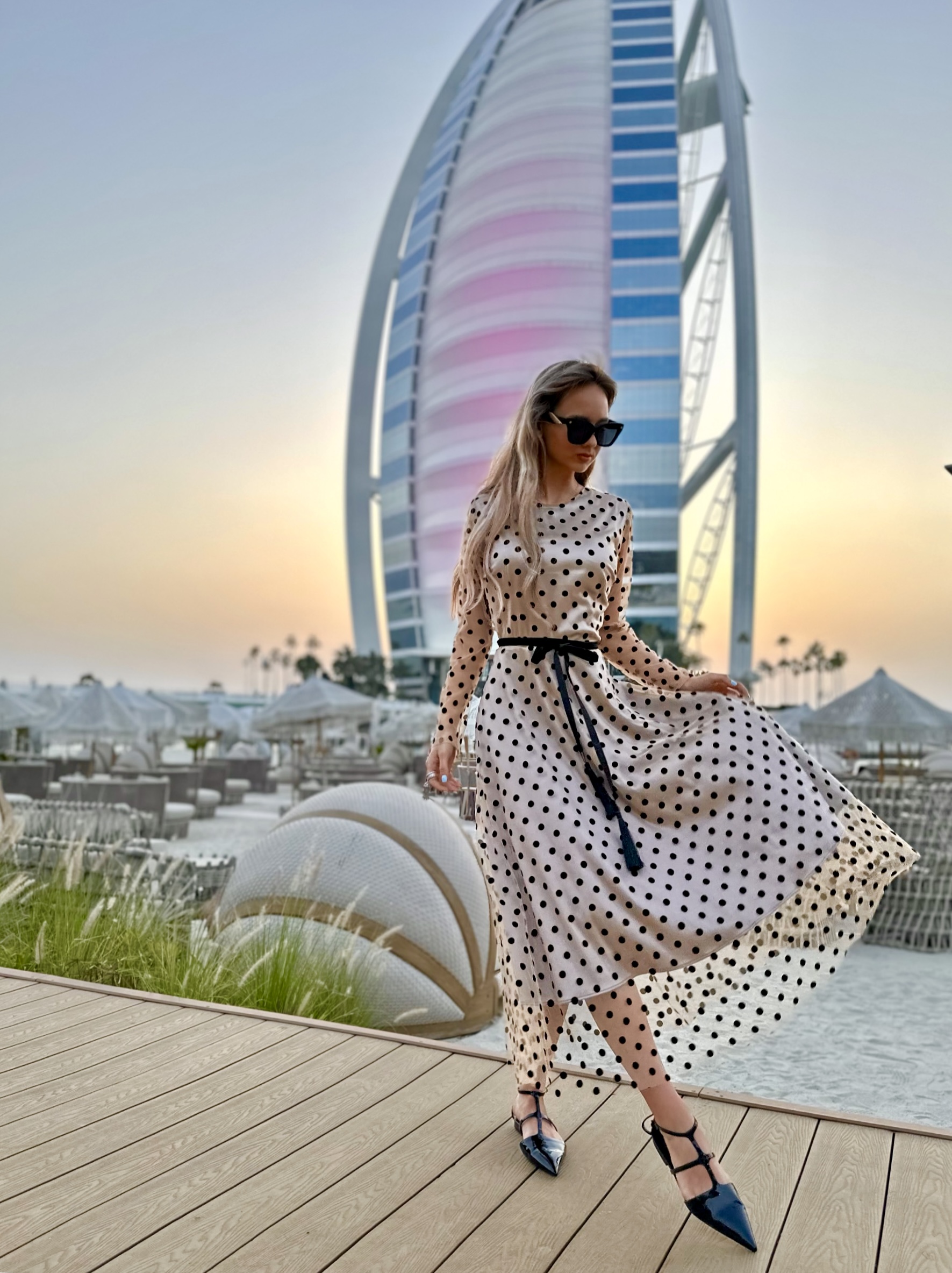 Black velvet polka dot double dress with belt