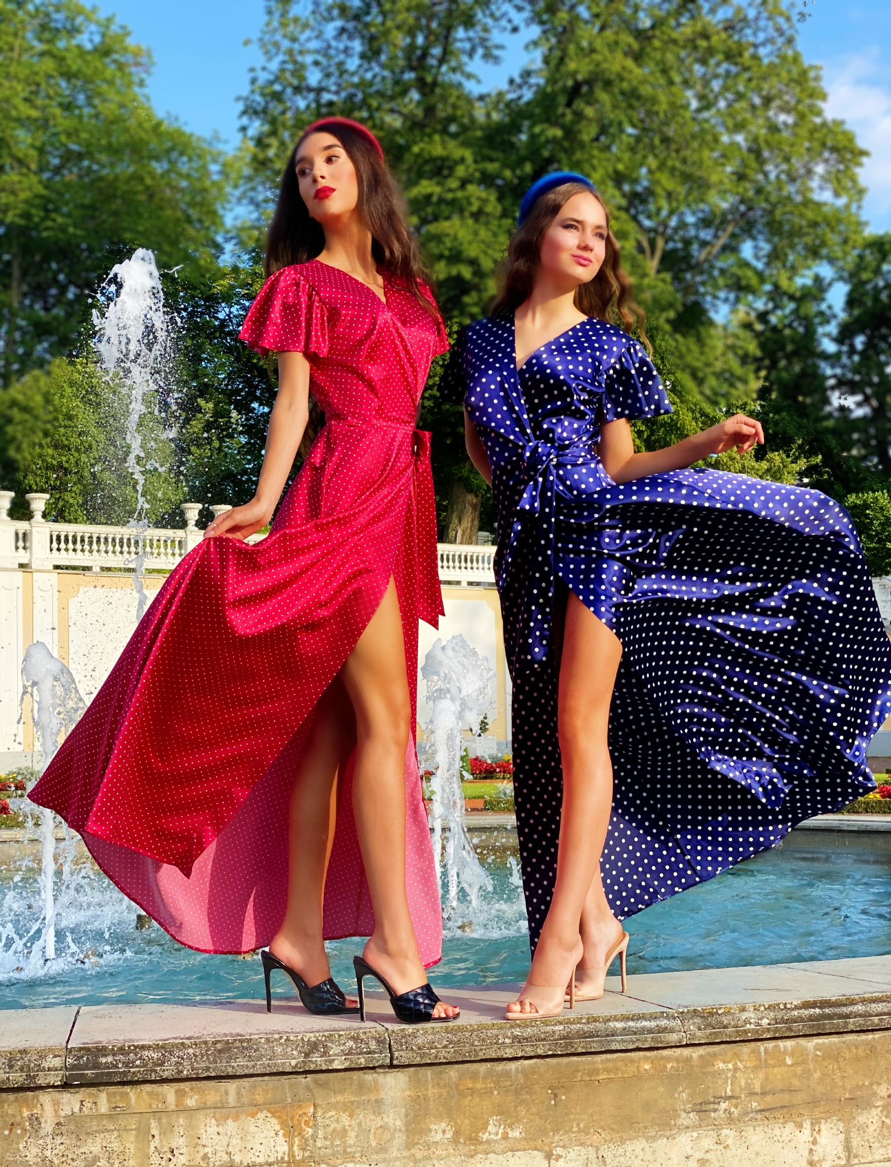 Blue polka dot silk satin long dress