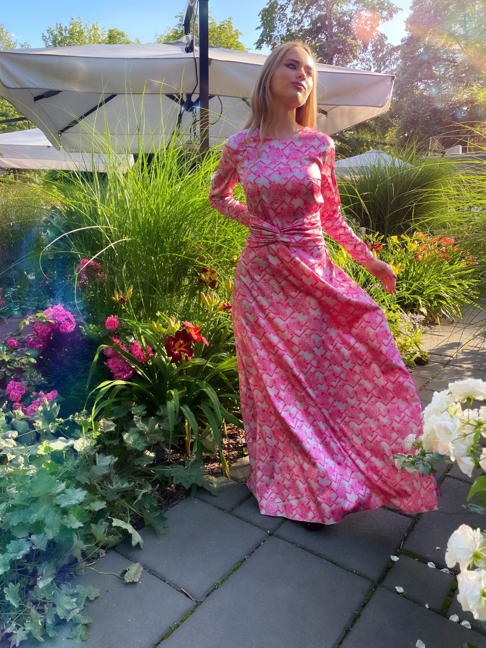 Silk satin grey candy pink color dress