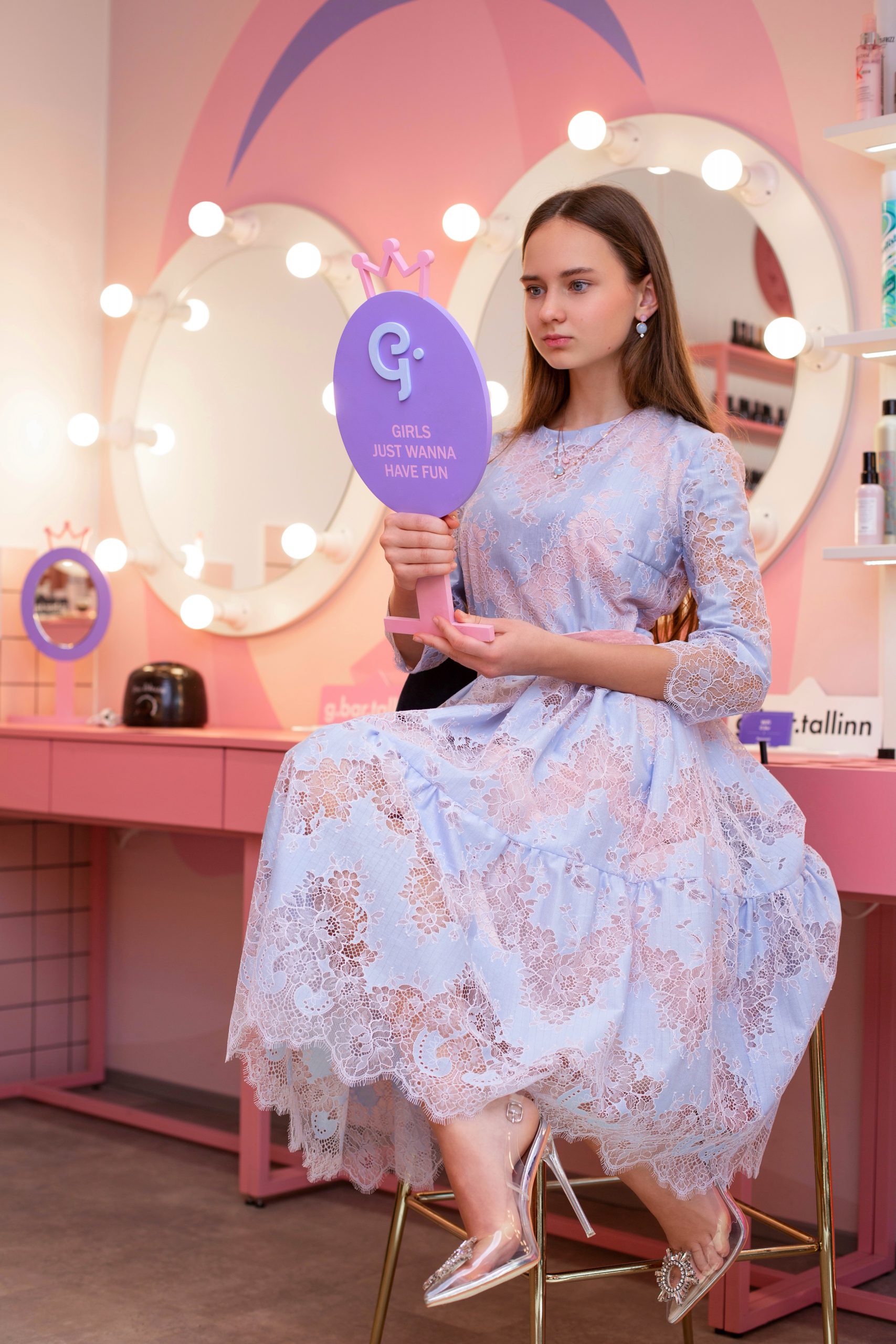 Sky blue lace dress with belt