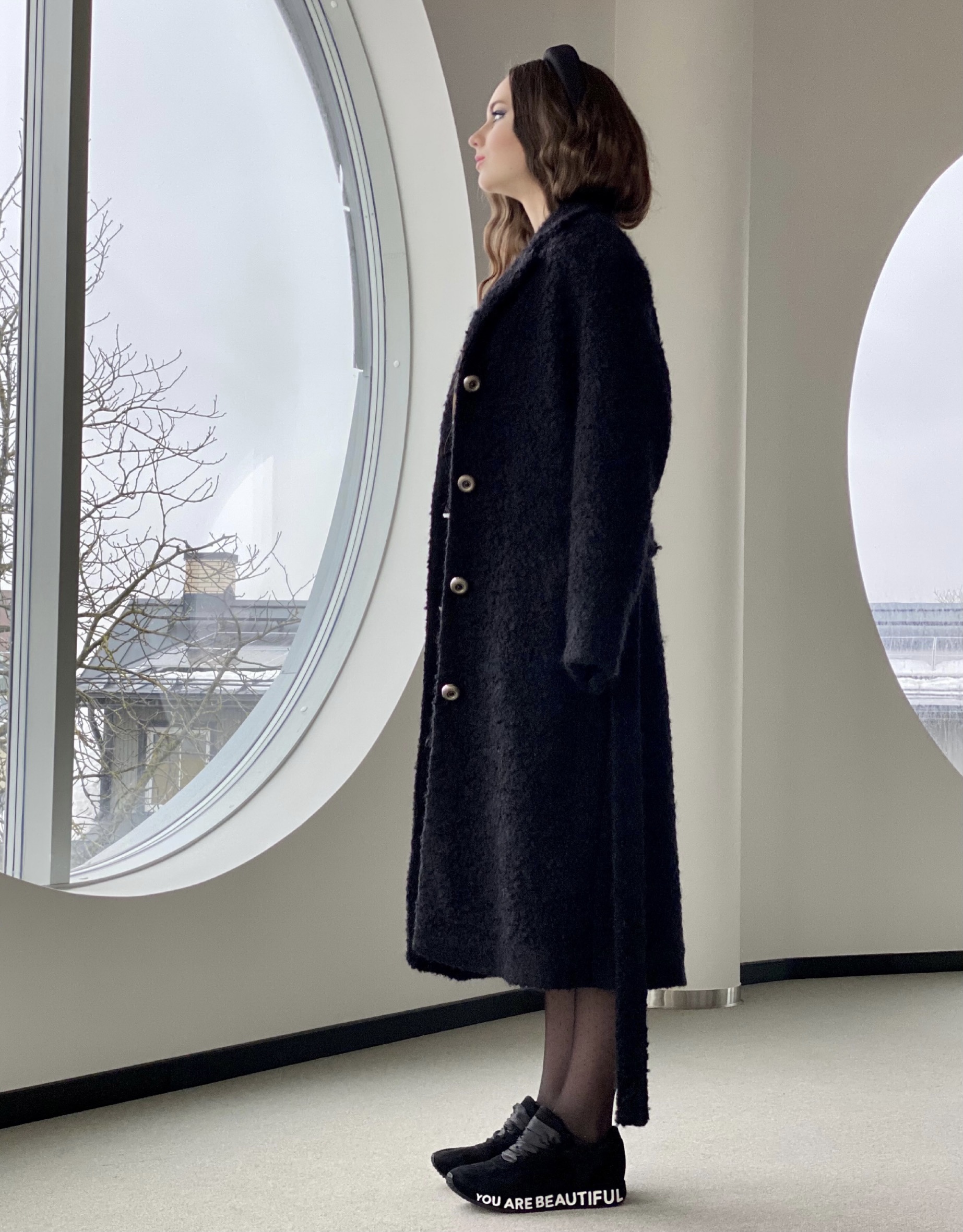 Fluffy black wool coat with silver buttons
