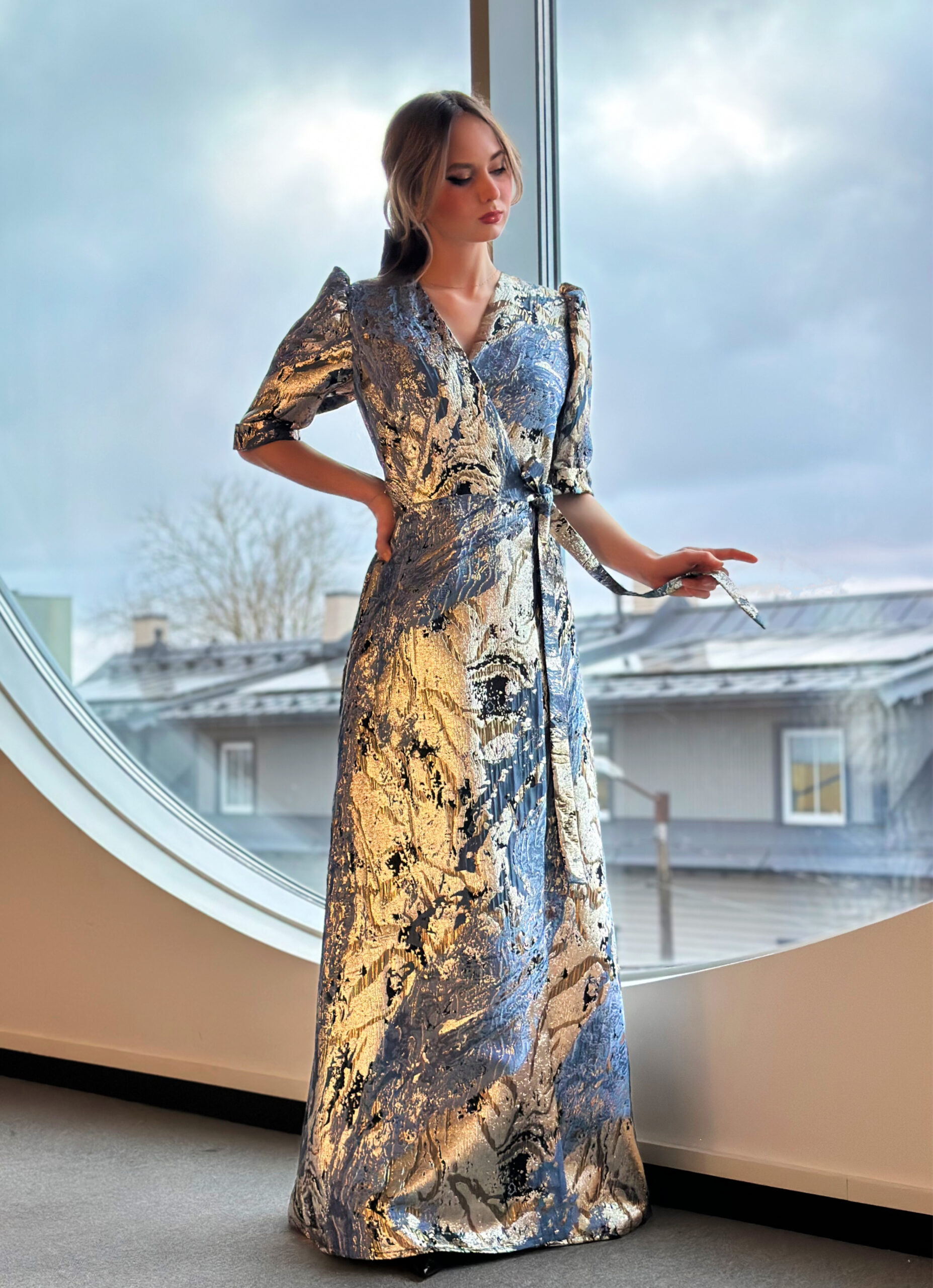 Blue gold marble long dress