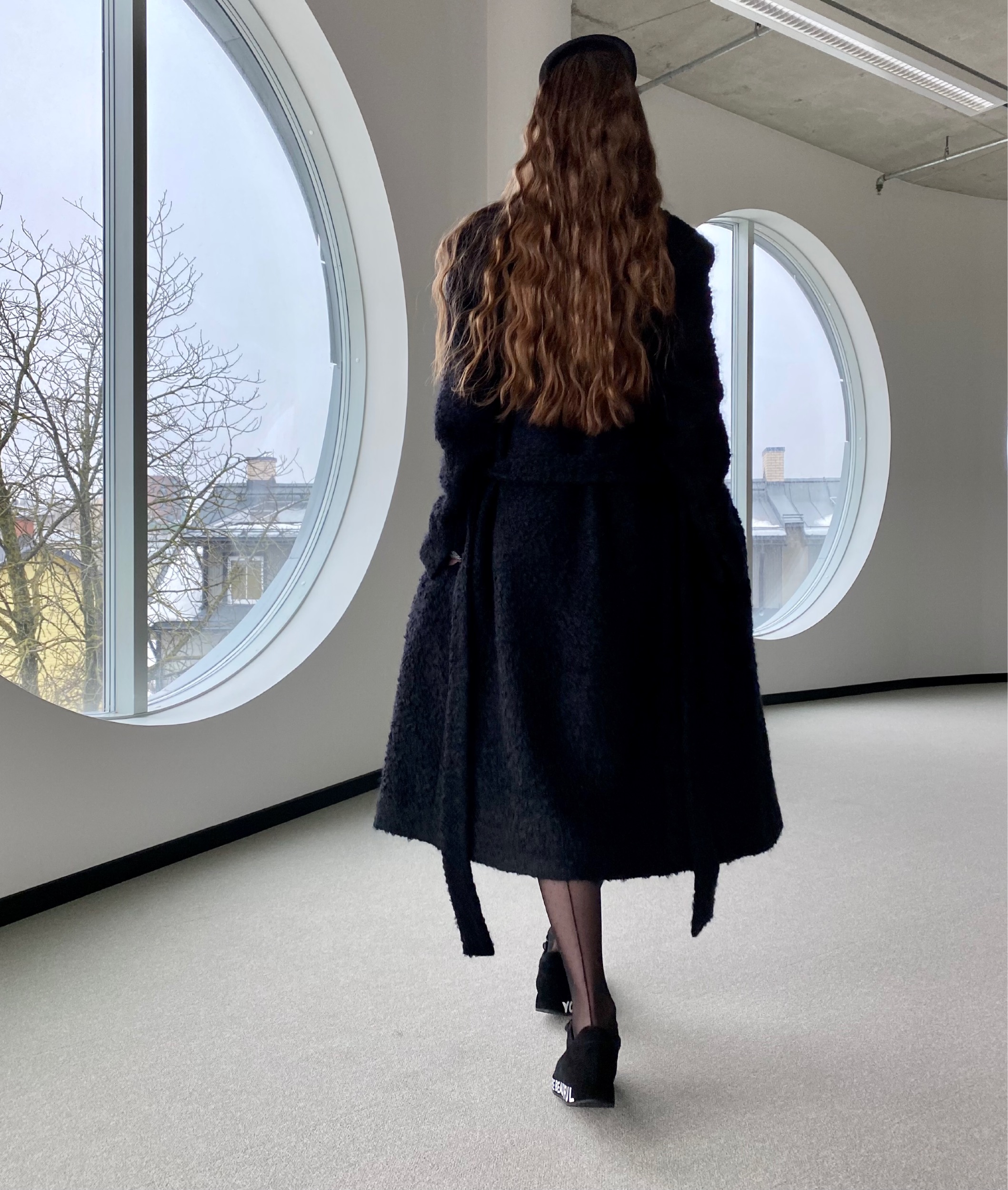 Fluffy black wool coat with silver buttons