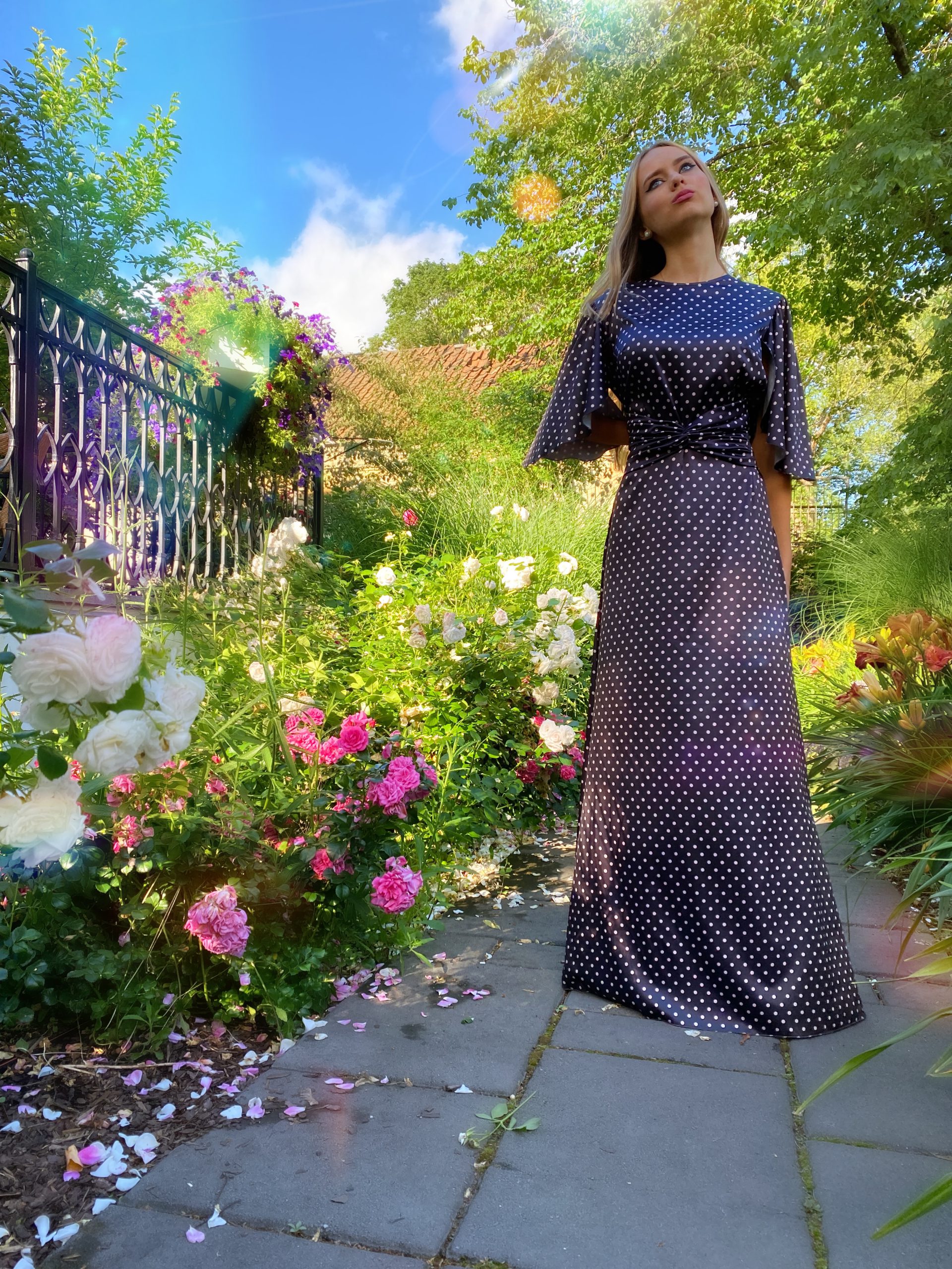 Silk satin chocolate polka dot dress