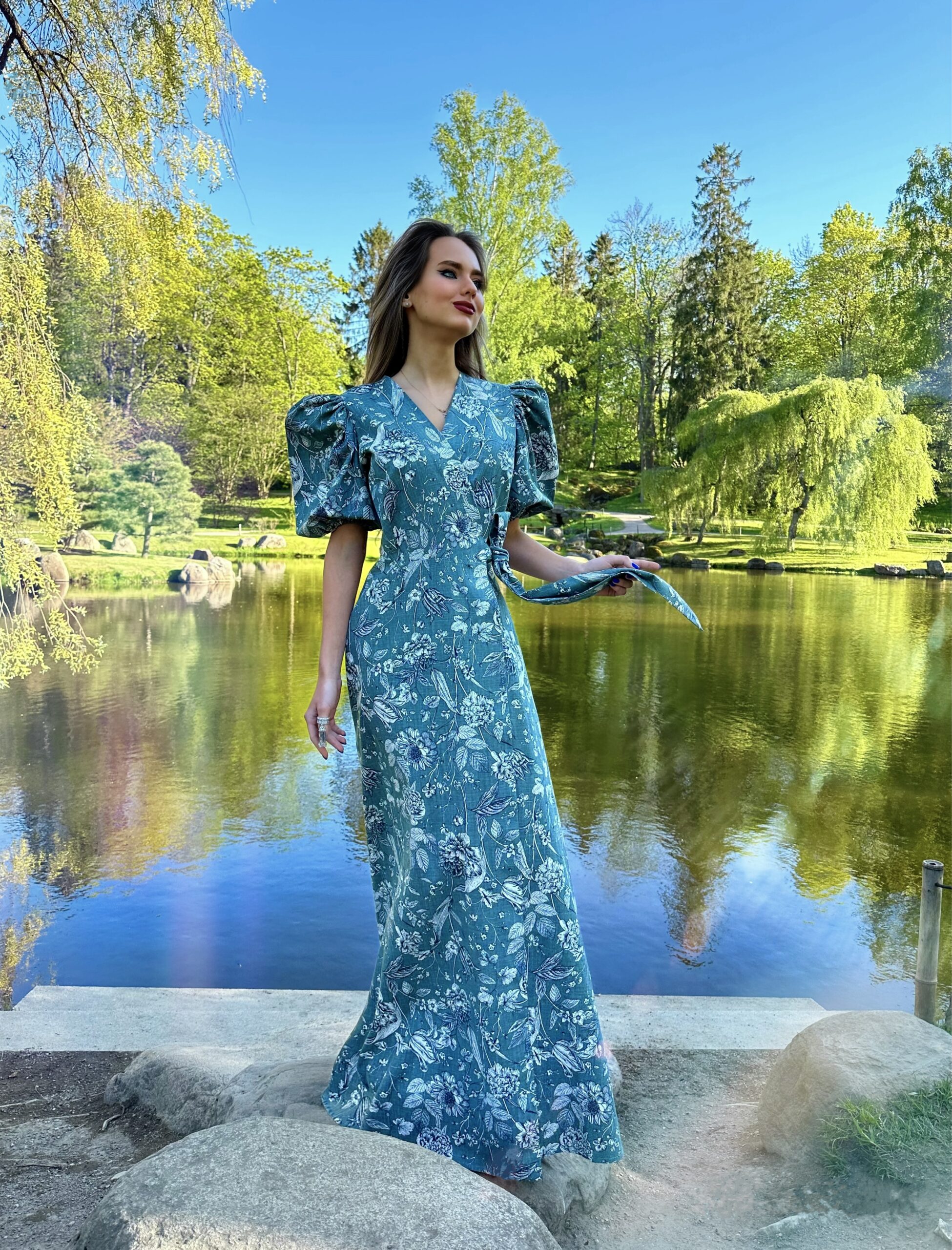 Forest calm ash green color cotton long dress