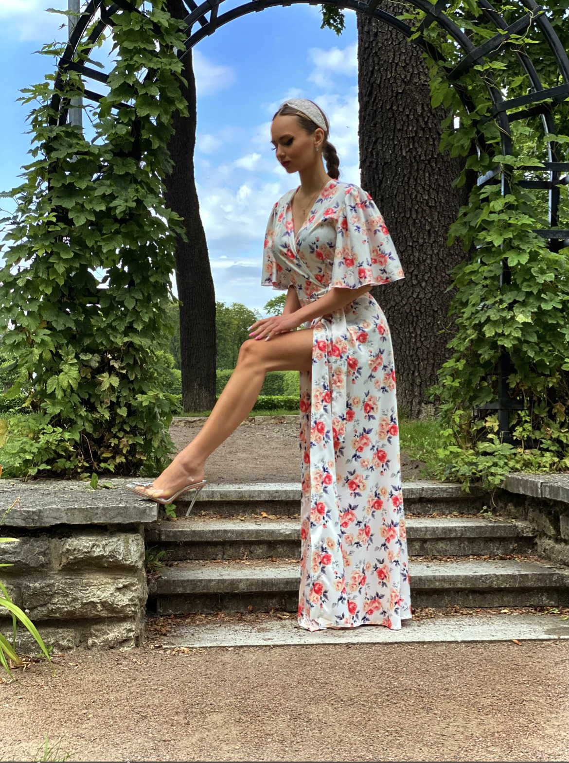 Coral Roses Silk satin long dress