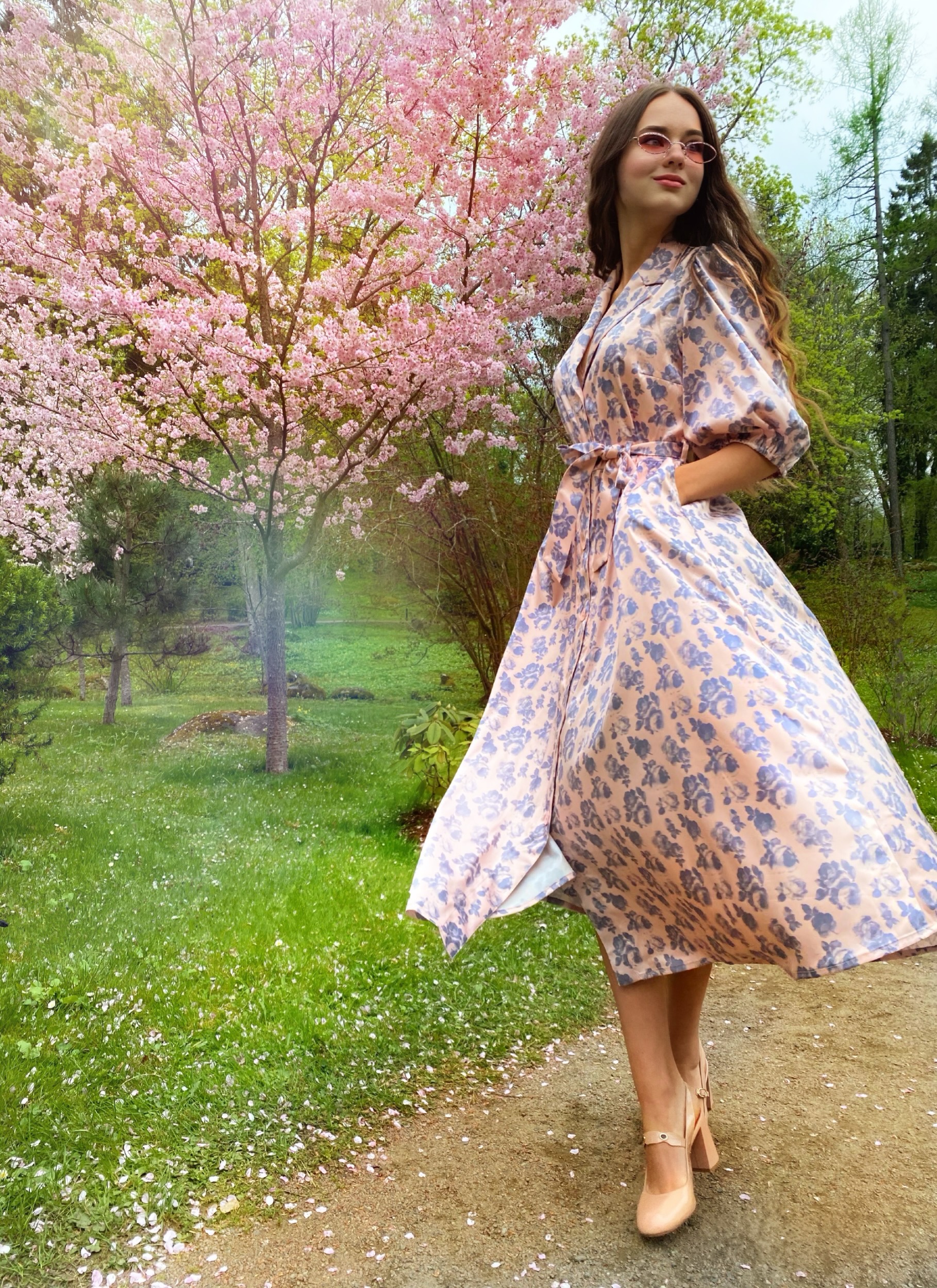Grey flowers dusty pink silk dress