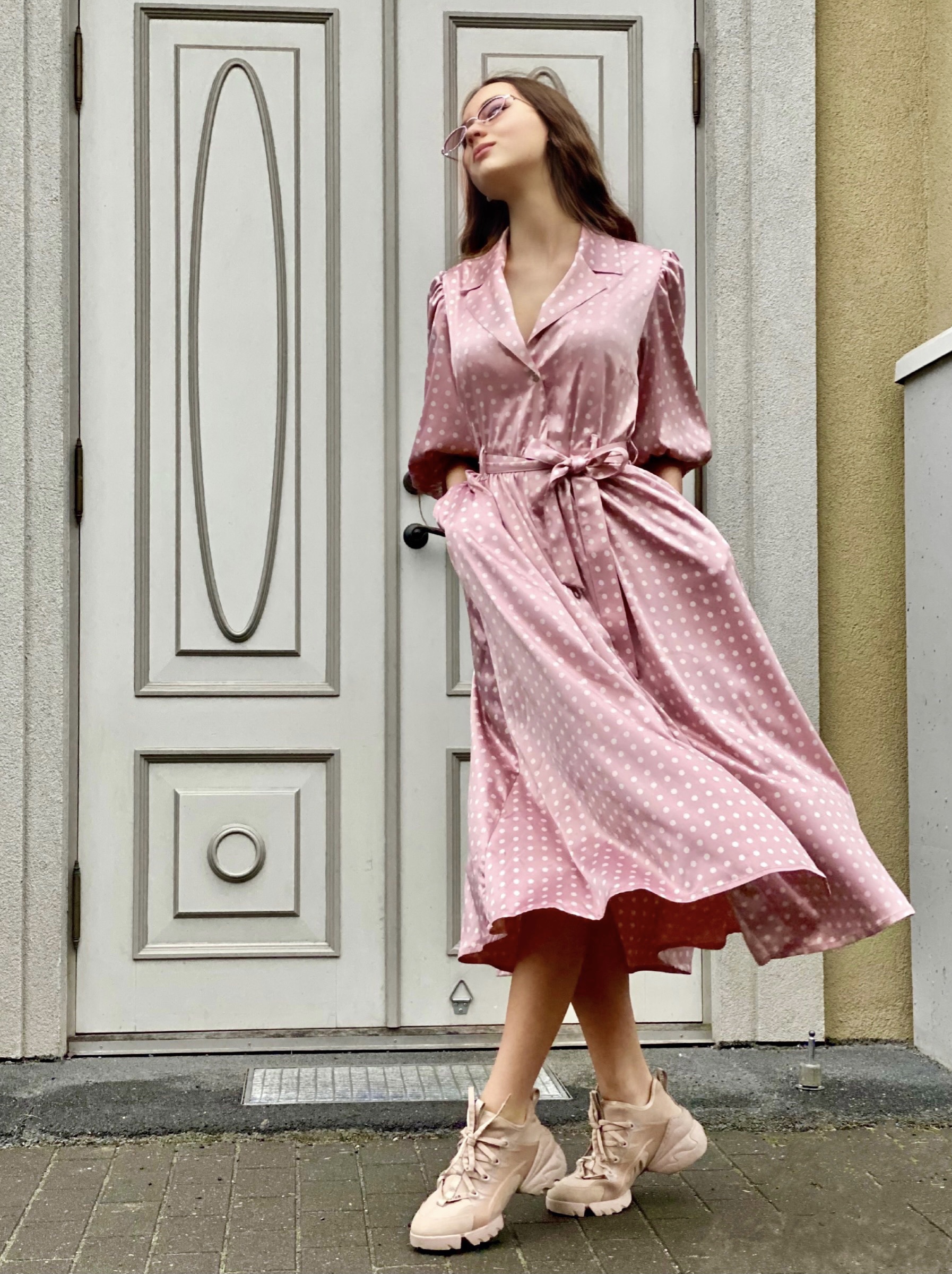 Silk blush rose polka dot dress