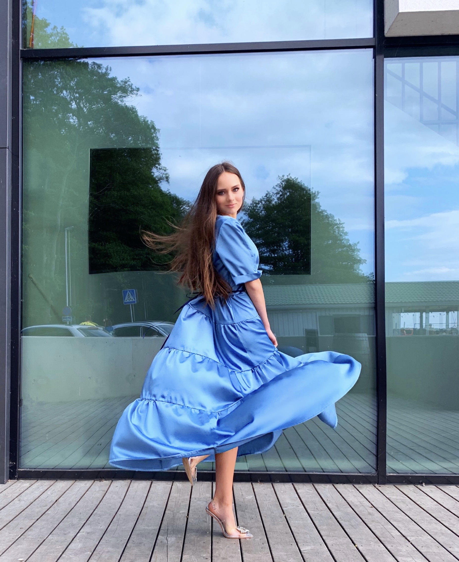 Sky blue waves dress with Swarovski crystals belt