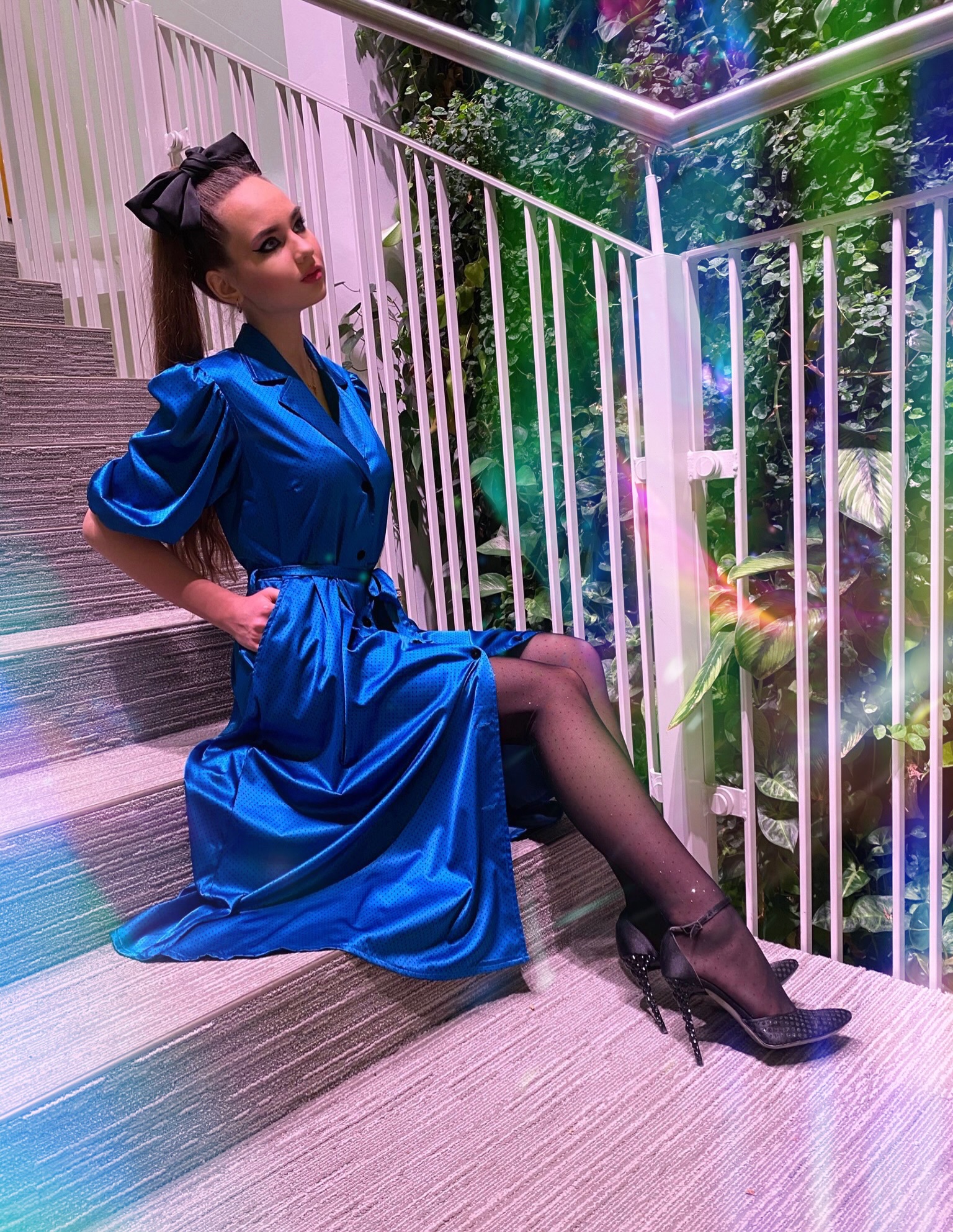 Silk satin royal blue black polka dot dress with velvet buttons