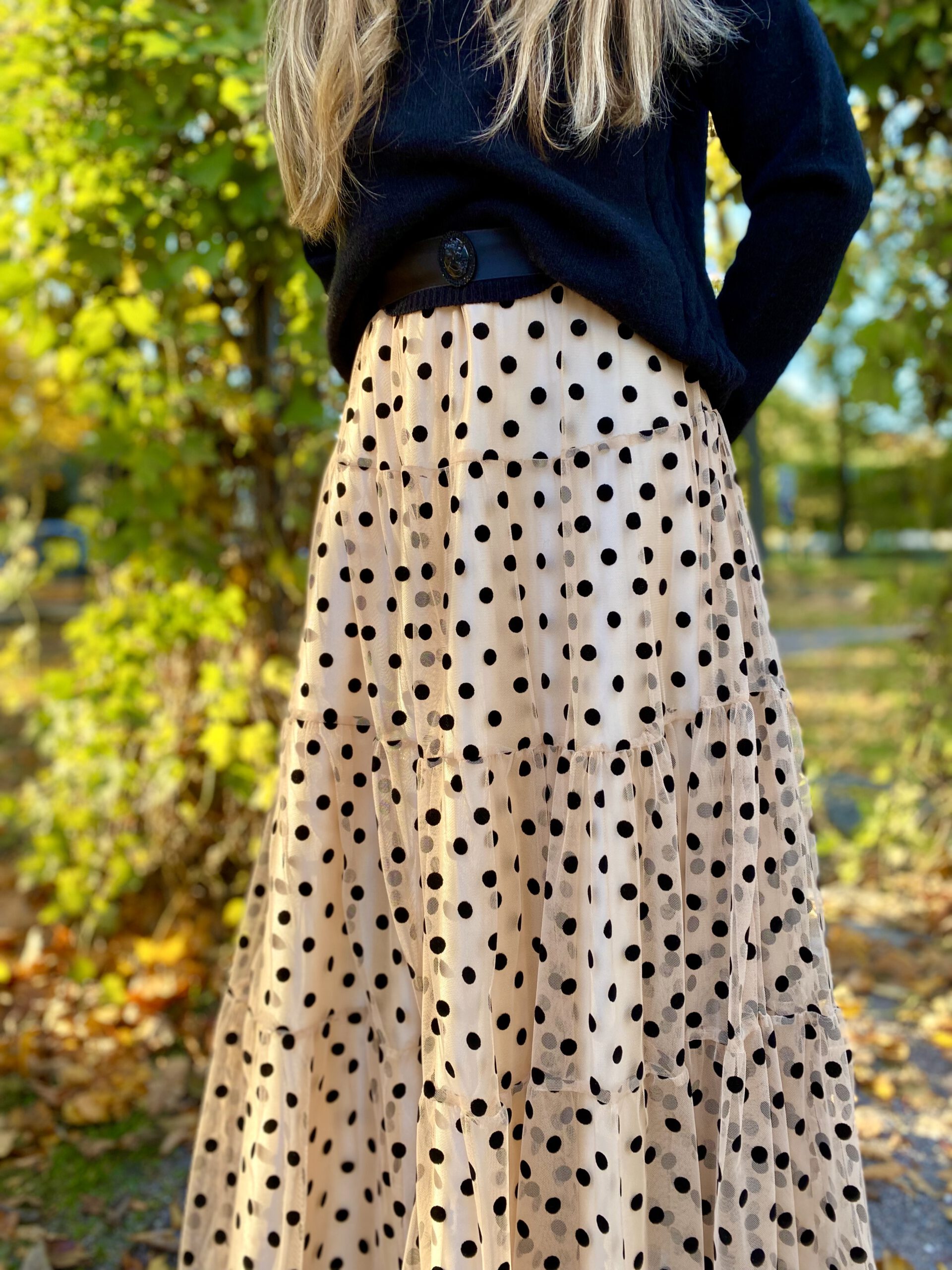 Nude black polka dot dress with belt