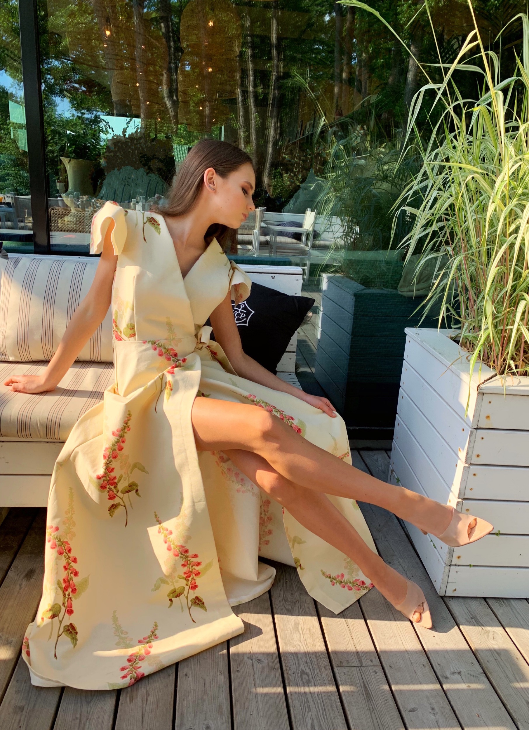 Lemon Ice color long dress  with summer flowers