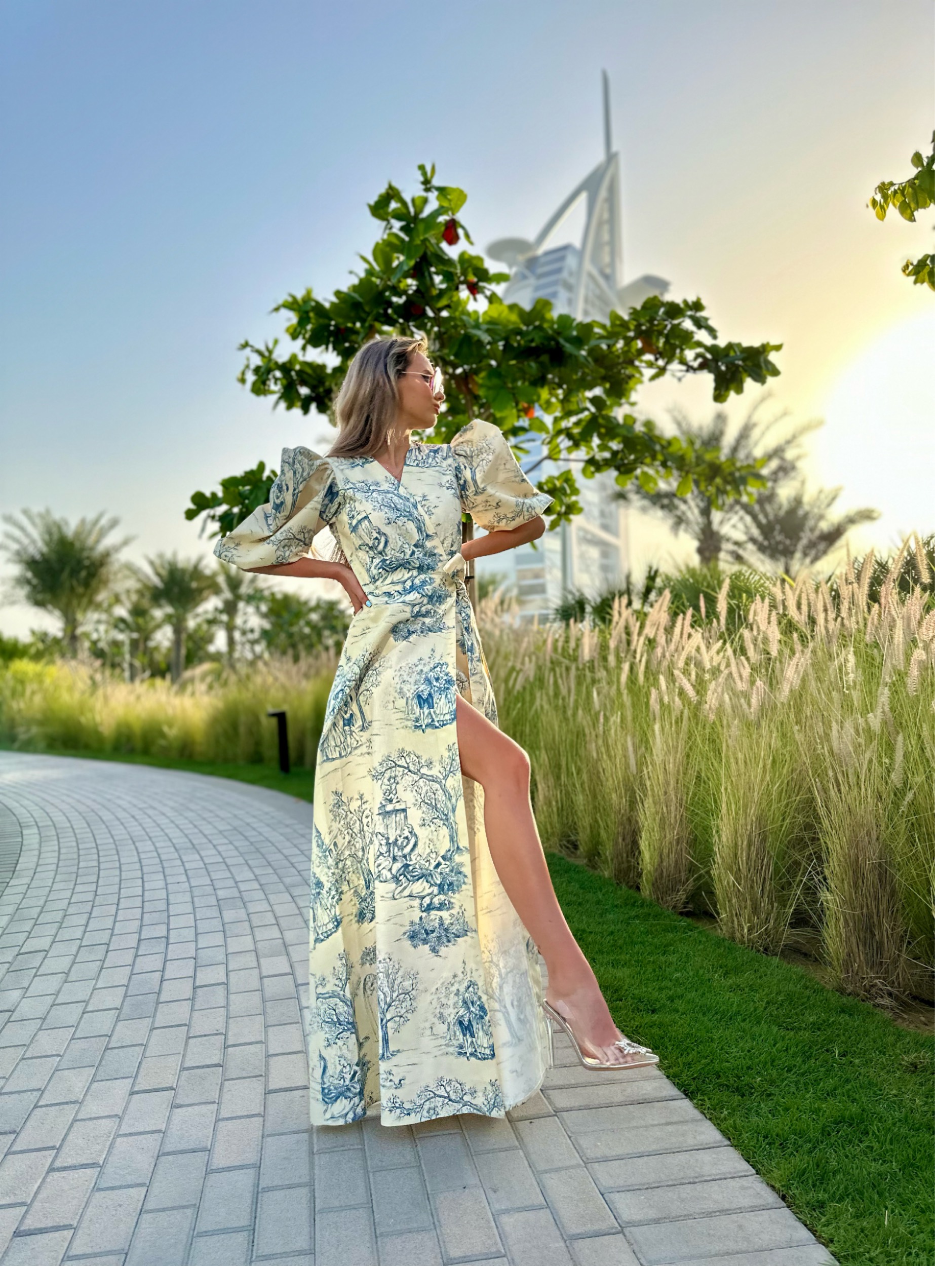Long creme and blue color Renaissance dress