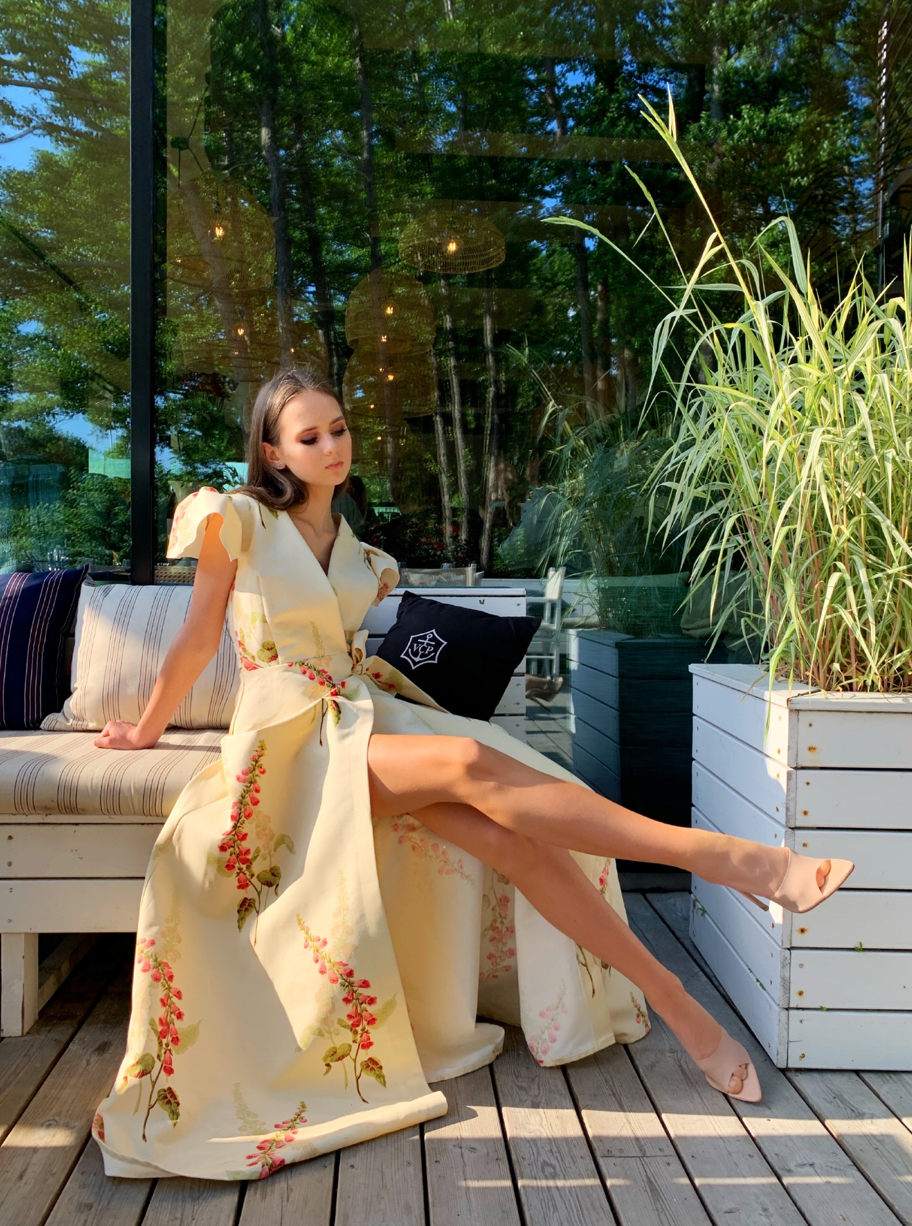 Lemon Ice color long dress  with summer flowers