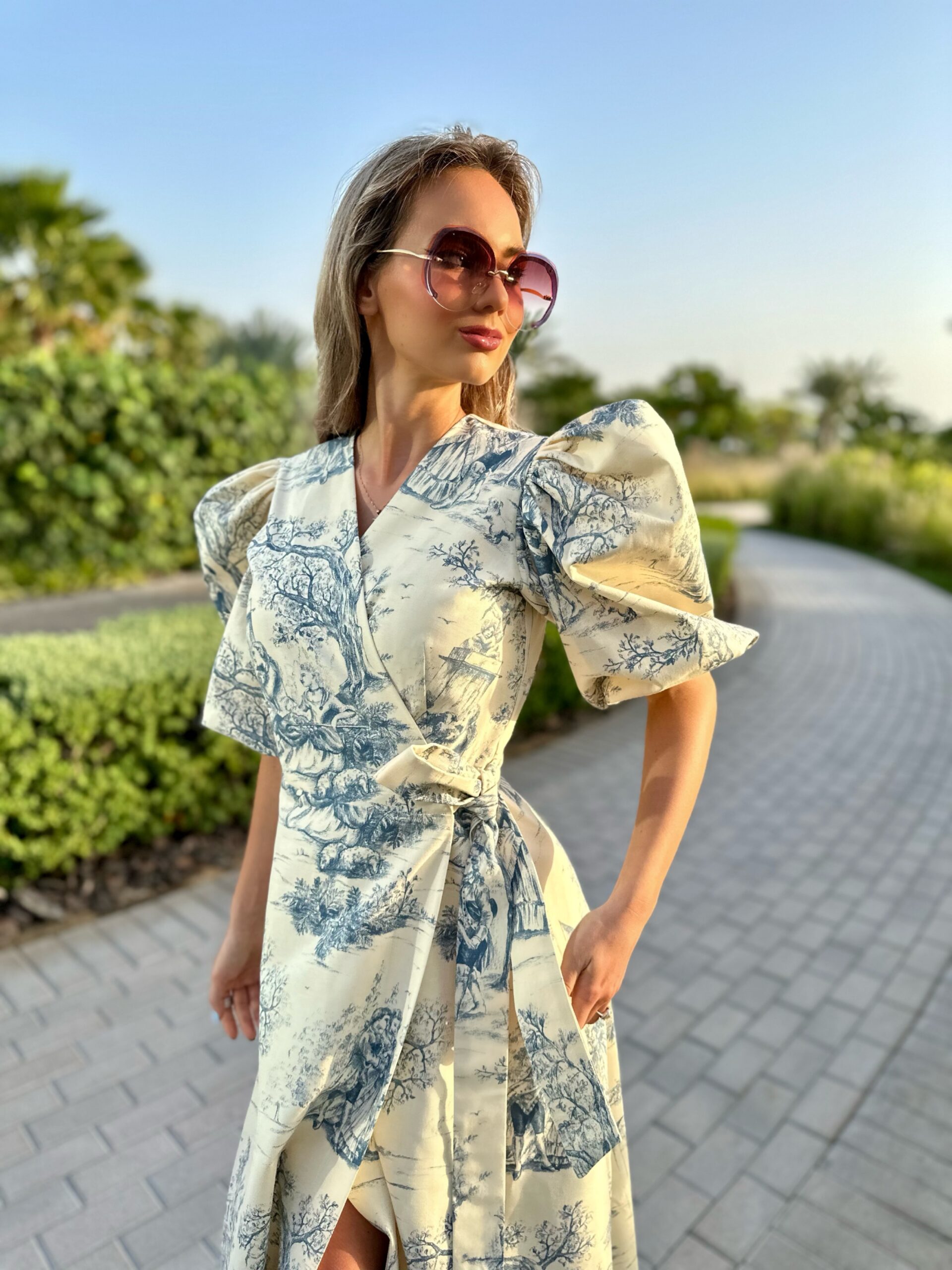 Long creme and blue color Renaissance dress