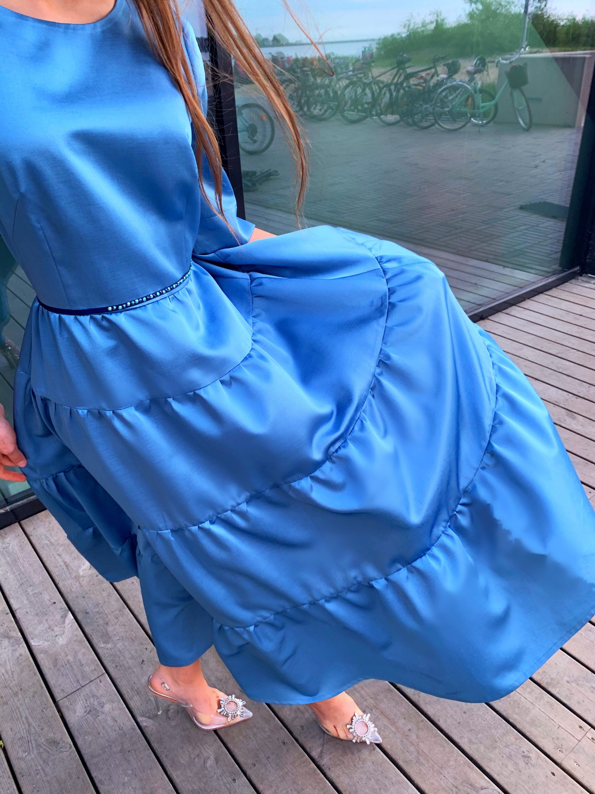 Sky blue waves dress with Swarovski crystals belt