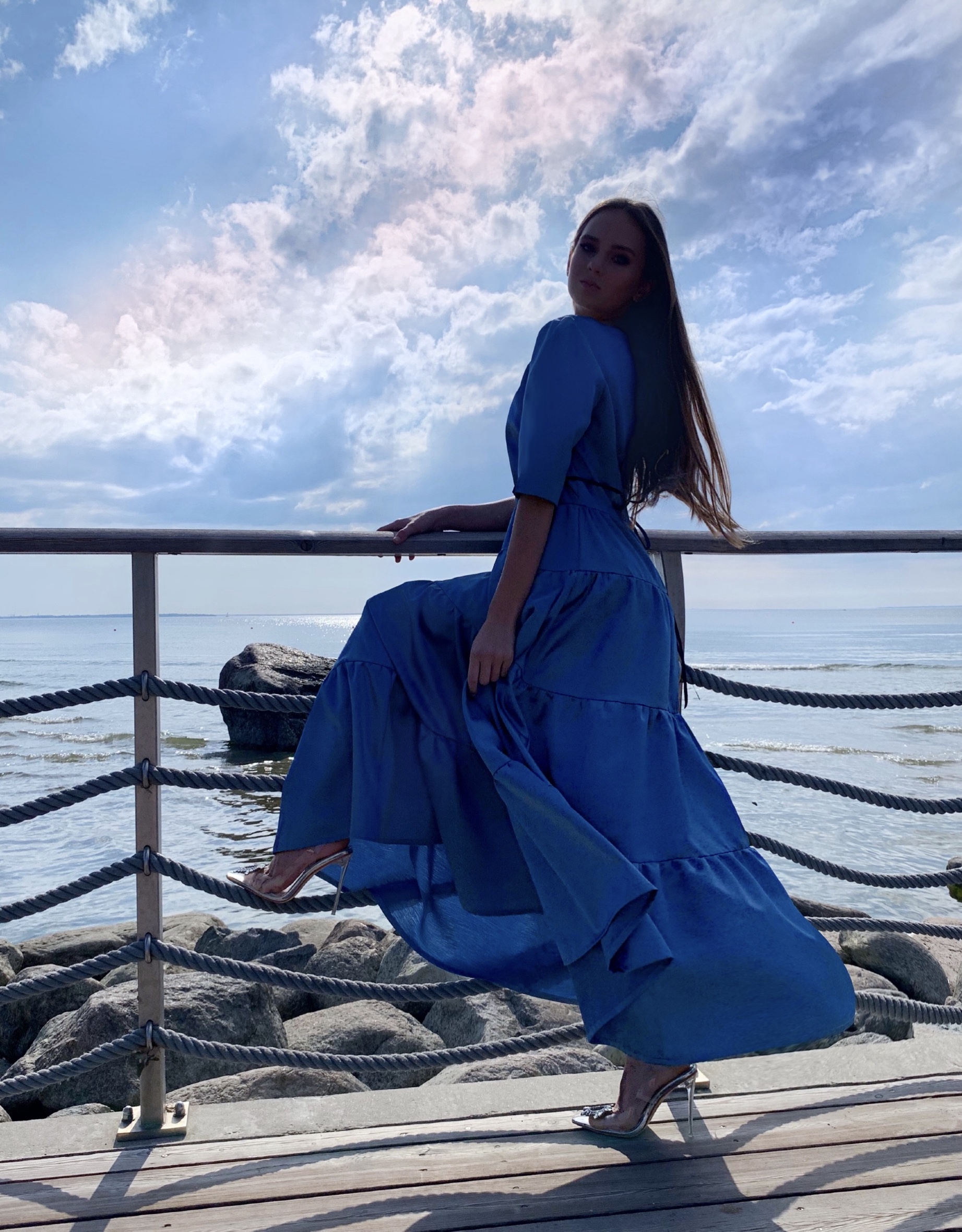 Sky blue waves dress with Swarovski crystals belt