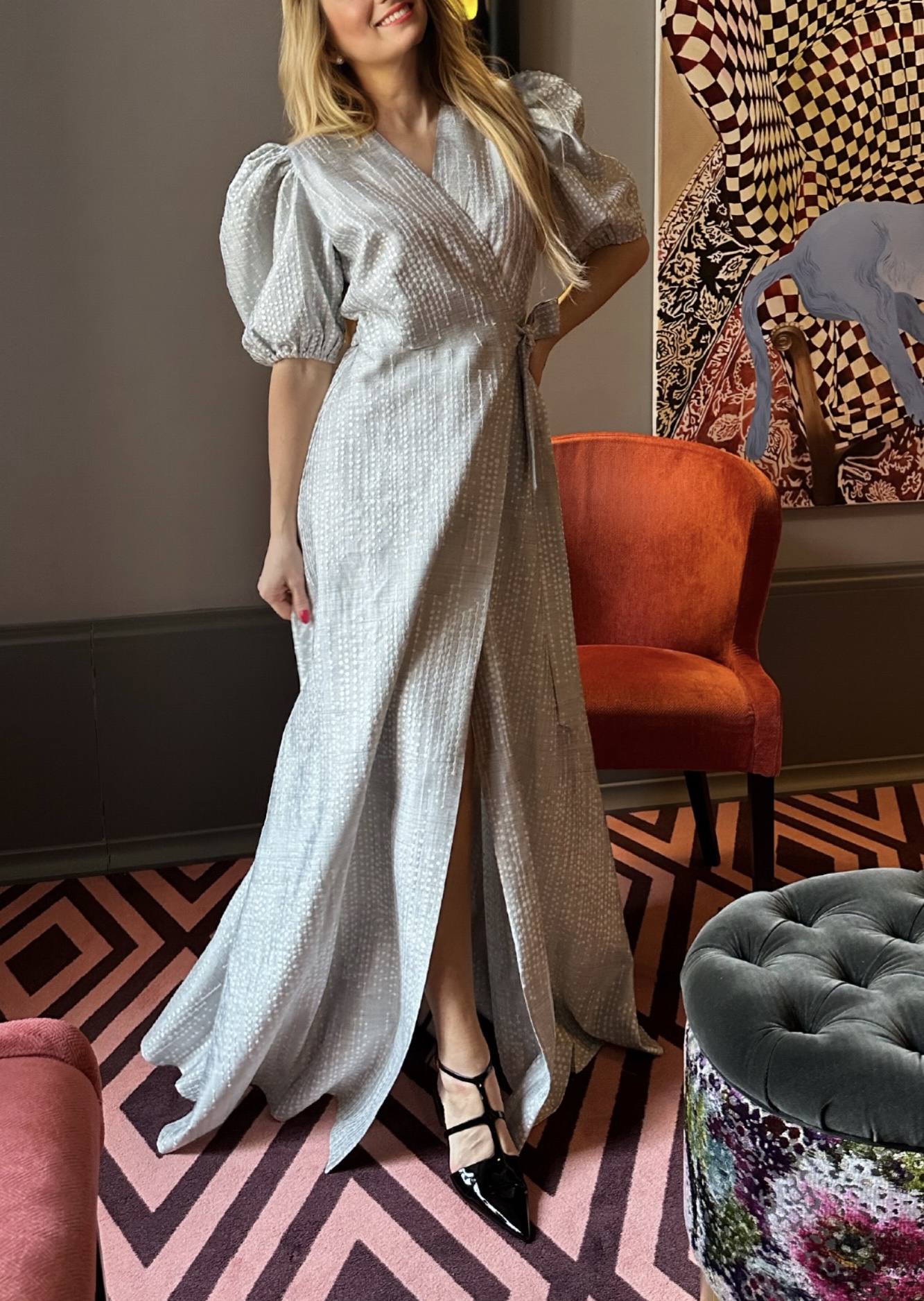 White-grey linen highlights long dress