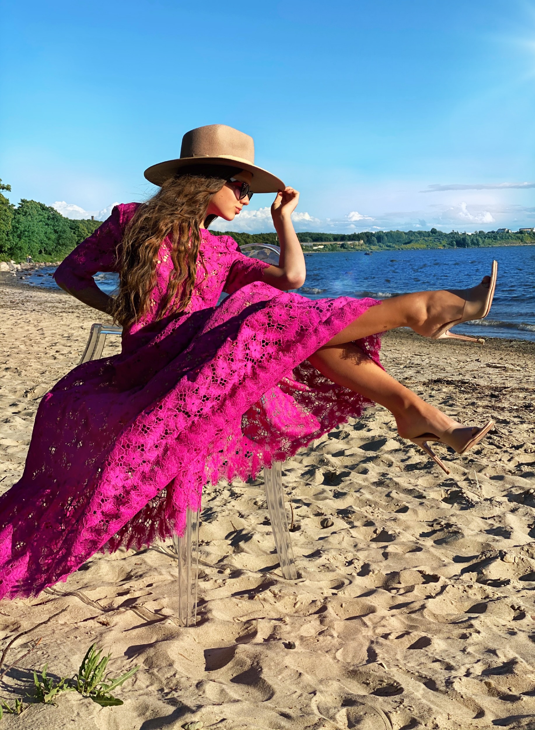 Fuchsia lace dress with belt and underdress