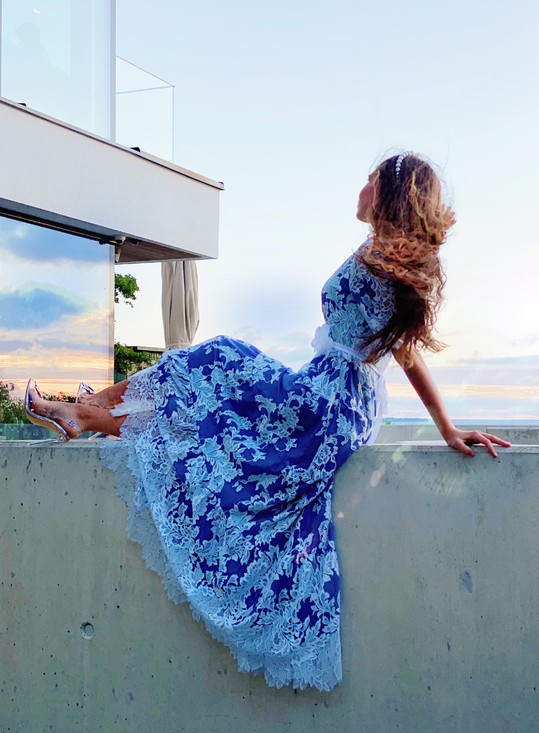 Sky blue lace dress with belt and under dress