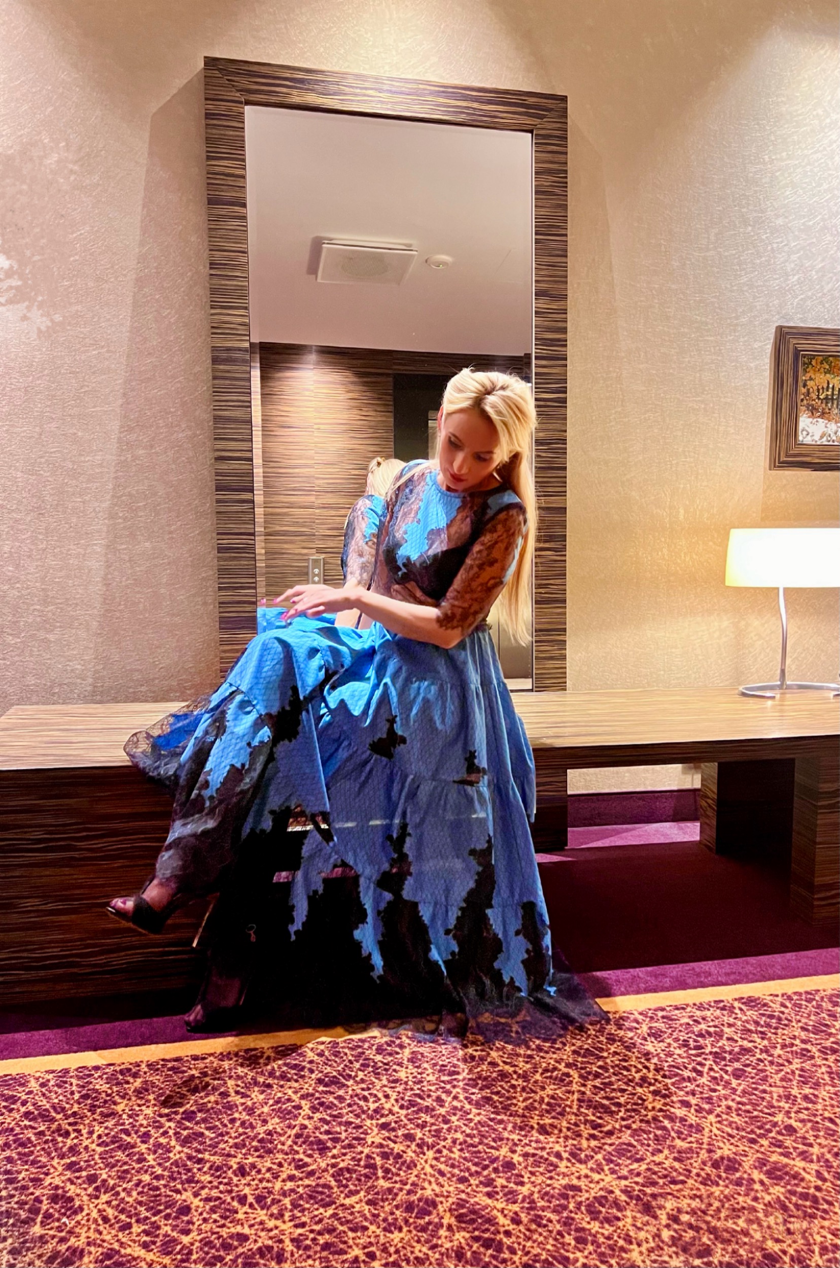 Blue and black color exclusive lace dress with sparkle belt