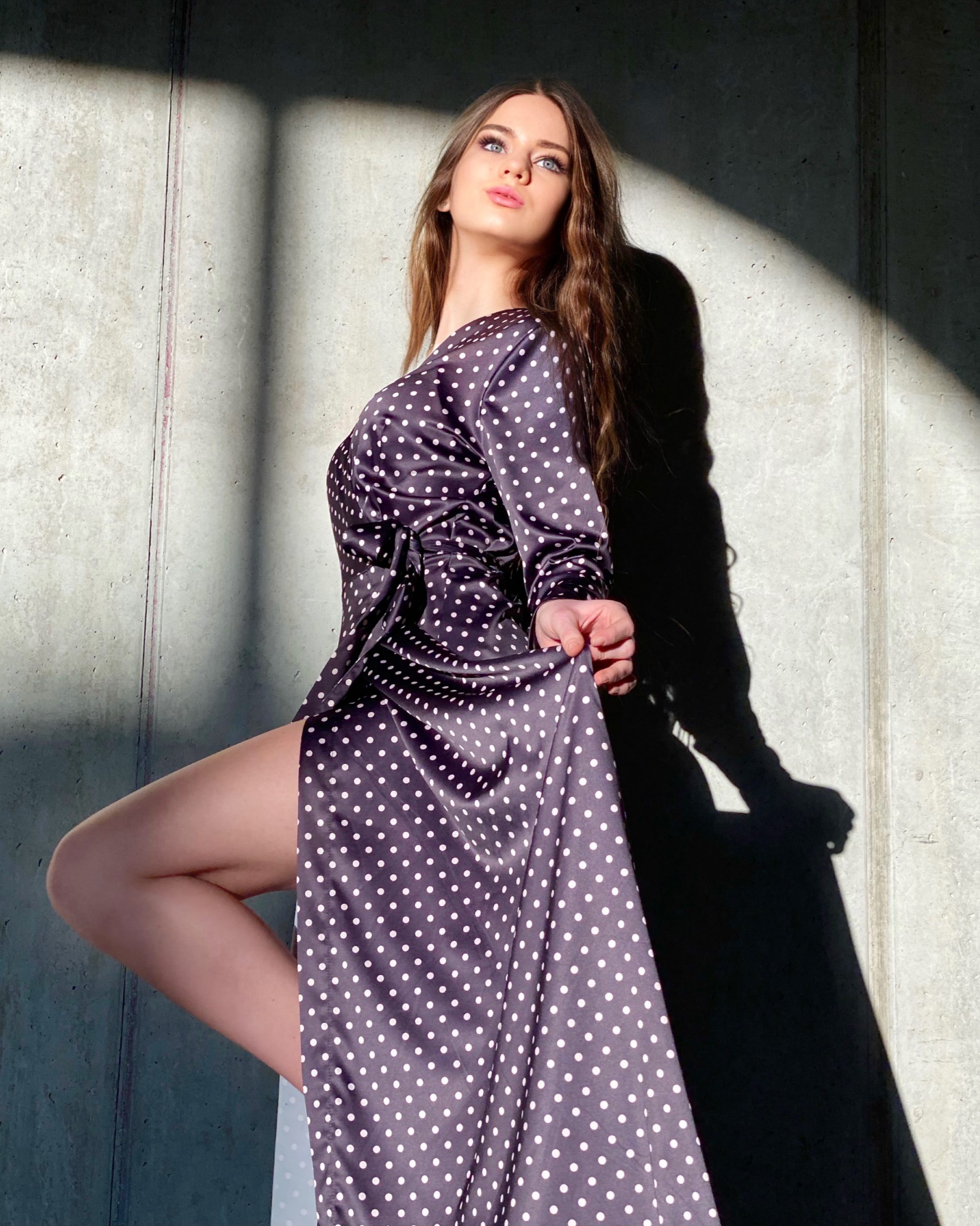 Cocoa silk long dress with dusty pink polka dot