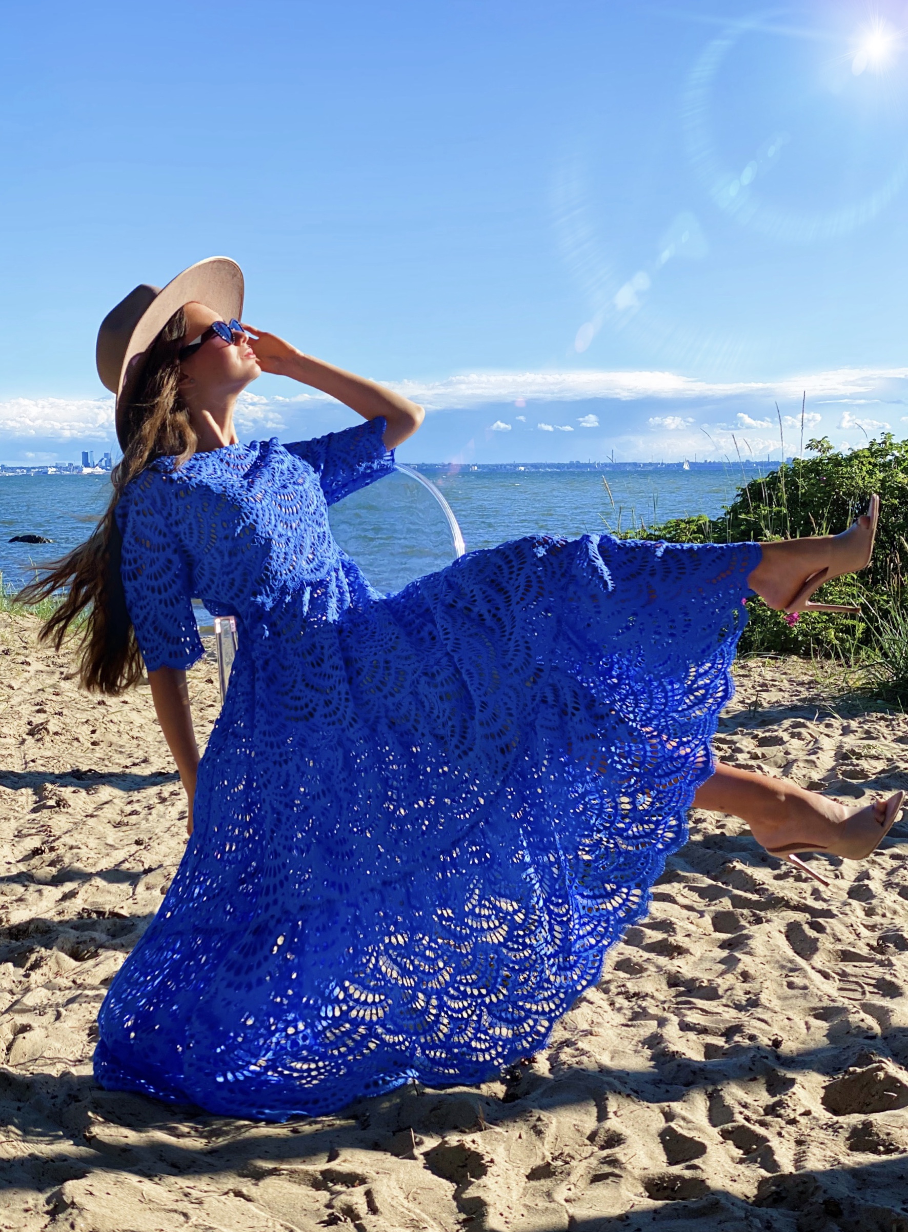 Ultra blue lace dress with belt and under dress