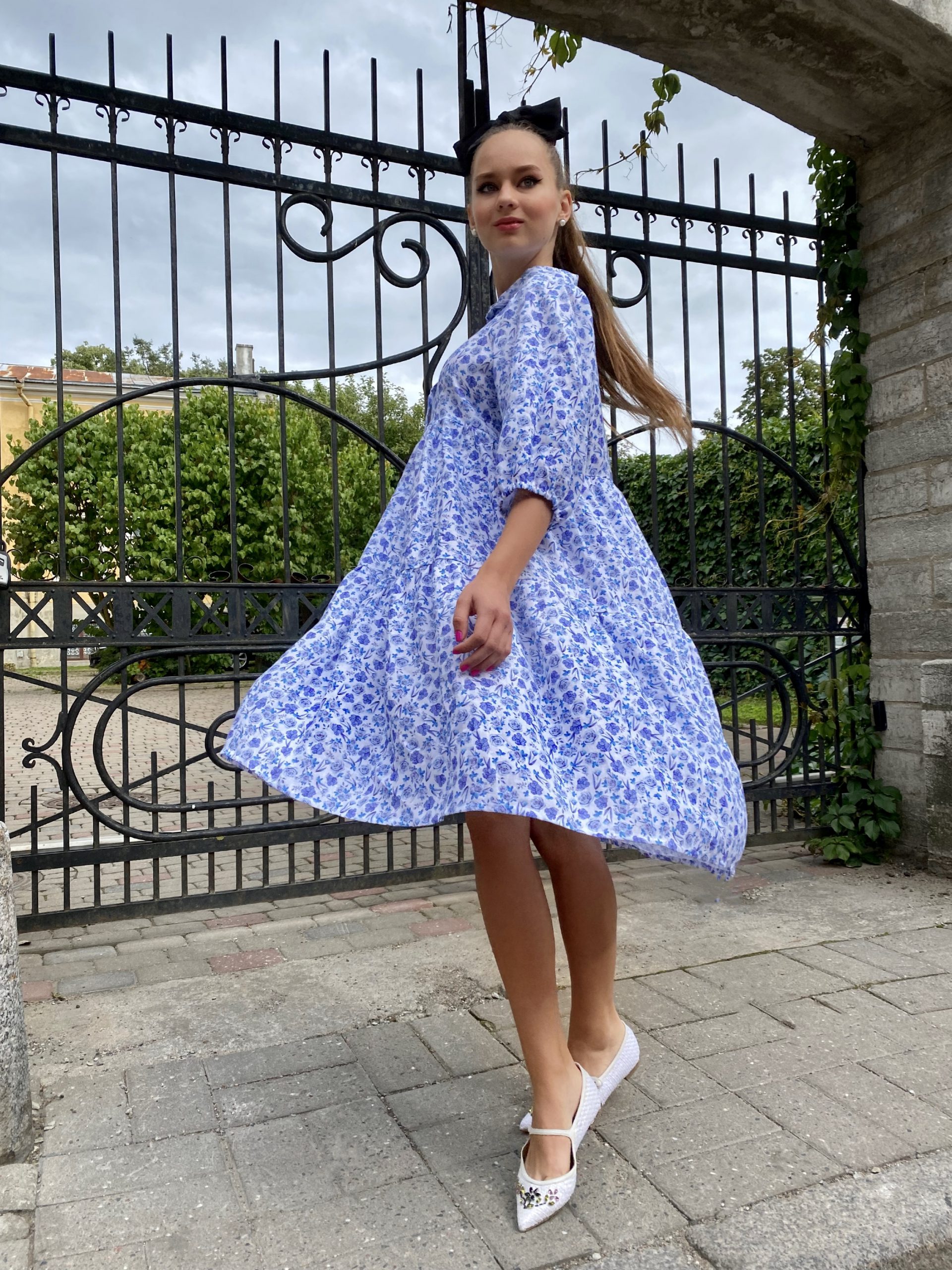 Sky blue flowers volan dress