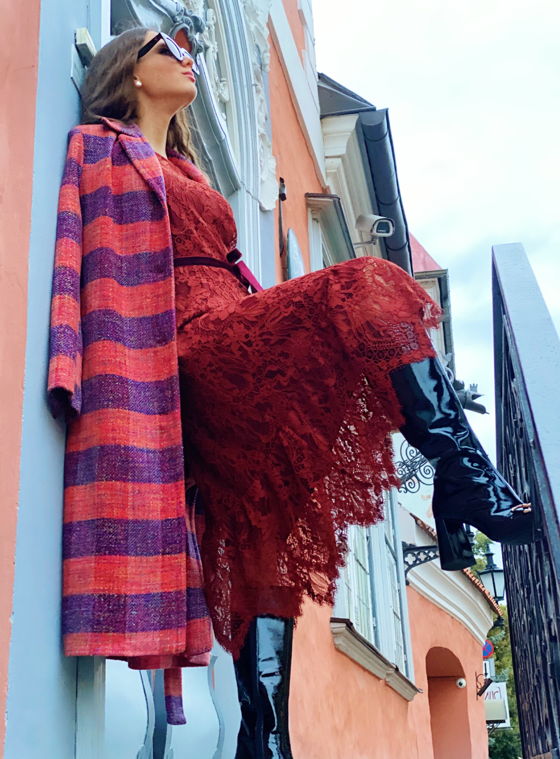 Terracotta lace dress with underdress and velvet belt