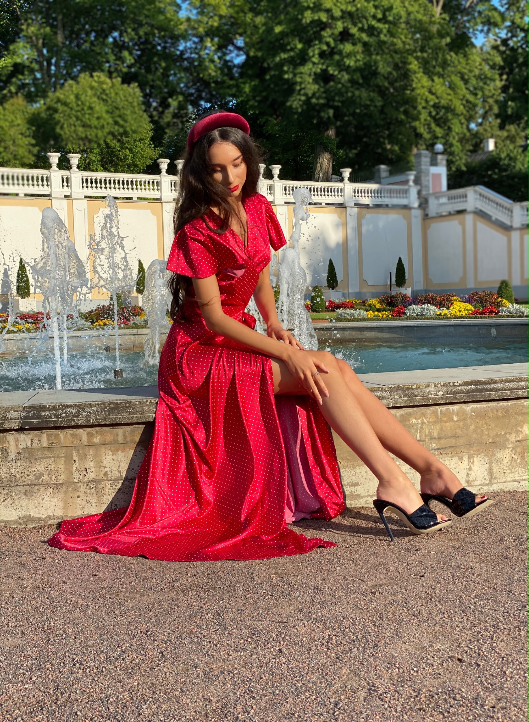 Red polka dot Silk satin long dress