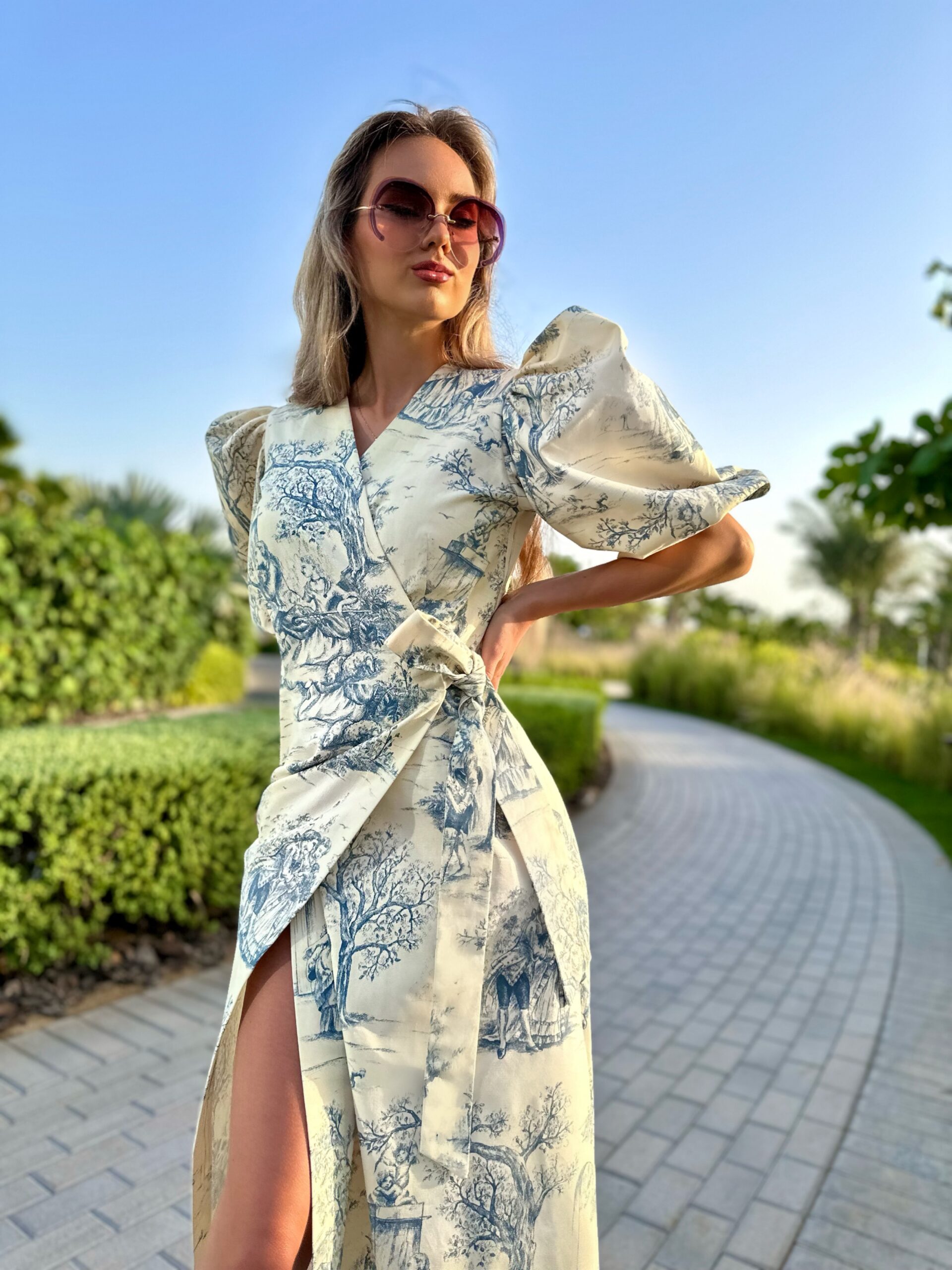 Long creme and blue color Renaissance dress
