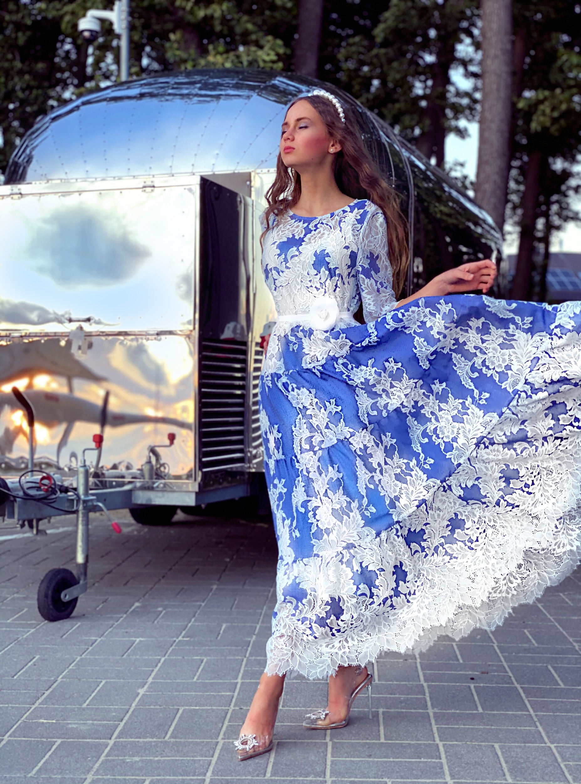 Sky blue lace dress with belt and under dress