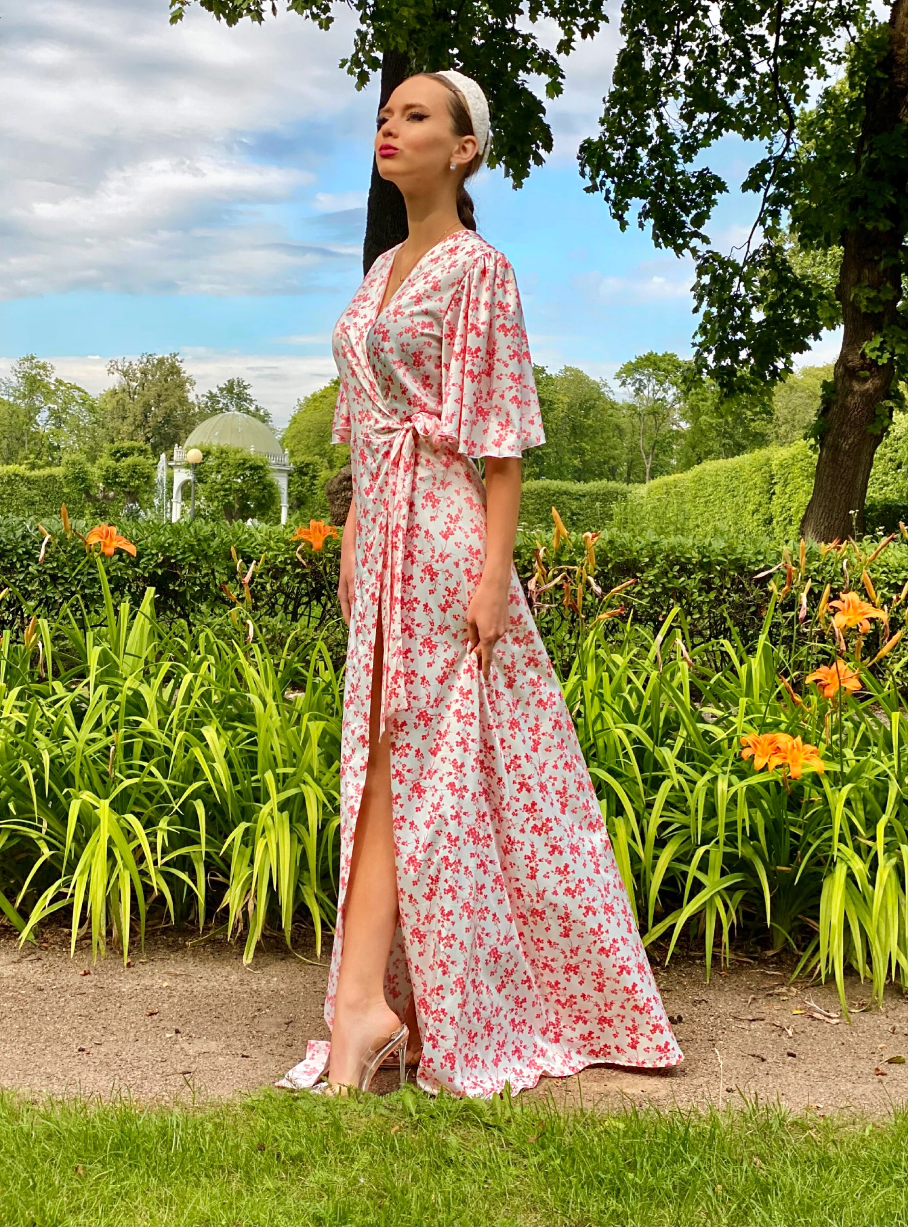 Delicate silk apricot flowers dress